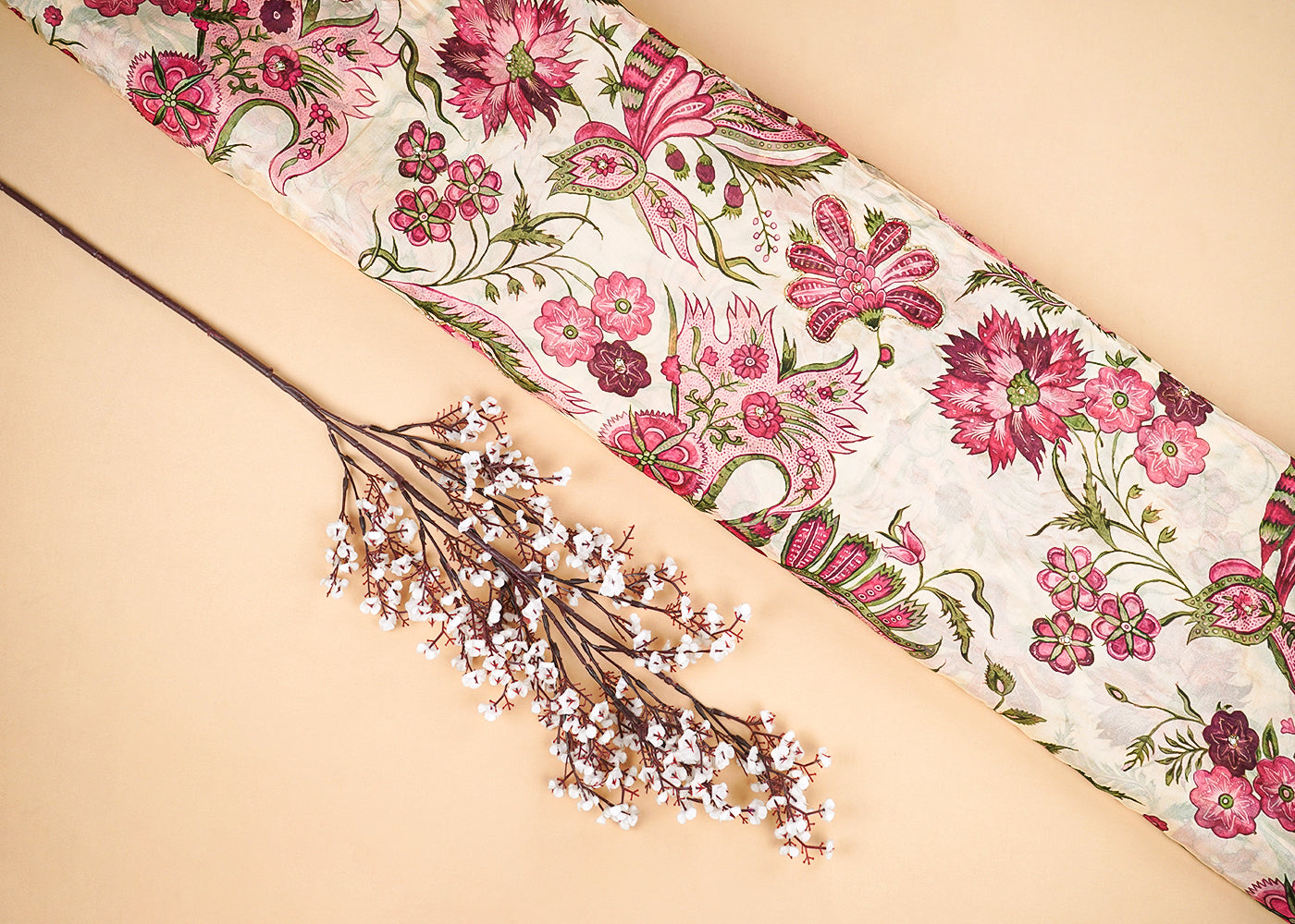 Cream Organza Fabric With All Over Floral Print, Bead And Katdana Work 22607