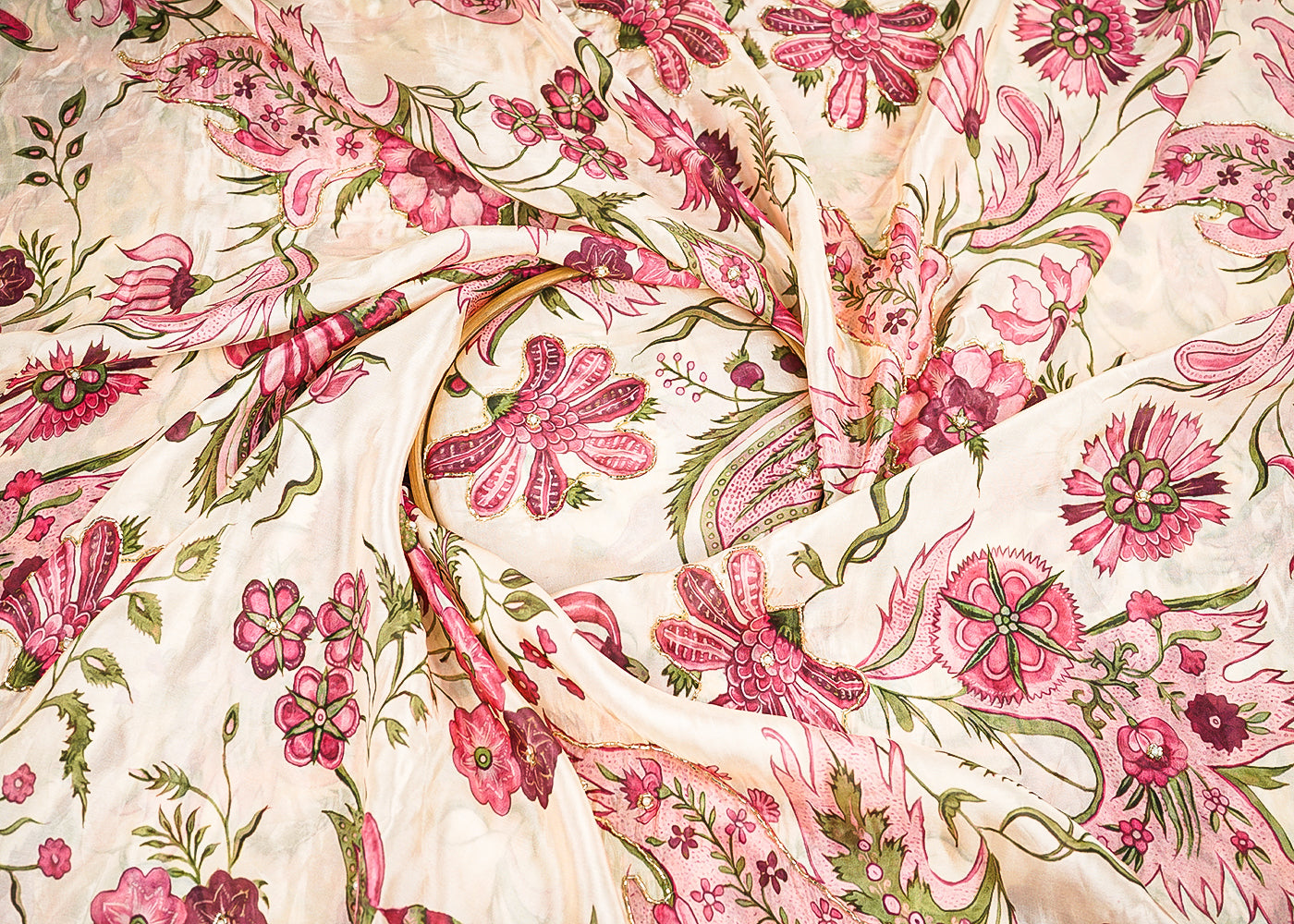 Cream Organza Fabric With All Over Floral Print, Bead And Katdana Work 22607