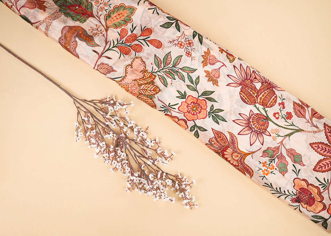 Peach Organza Fabric With All Over Floral Print, Bead And Katdana Work 22608