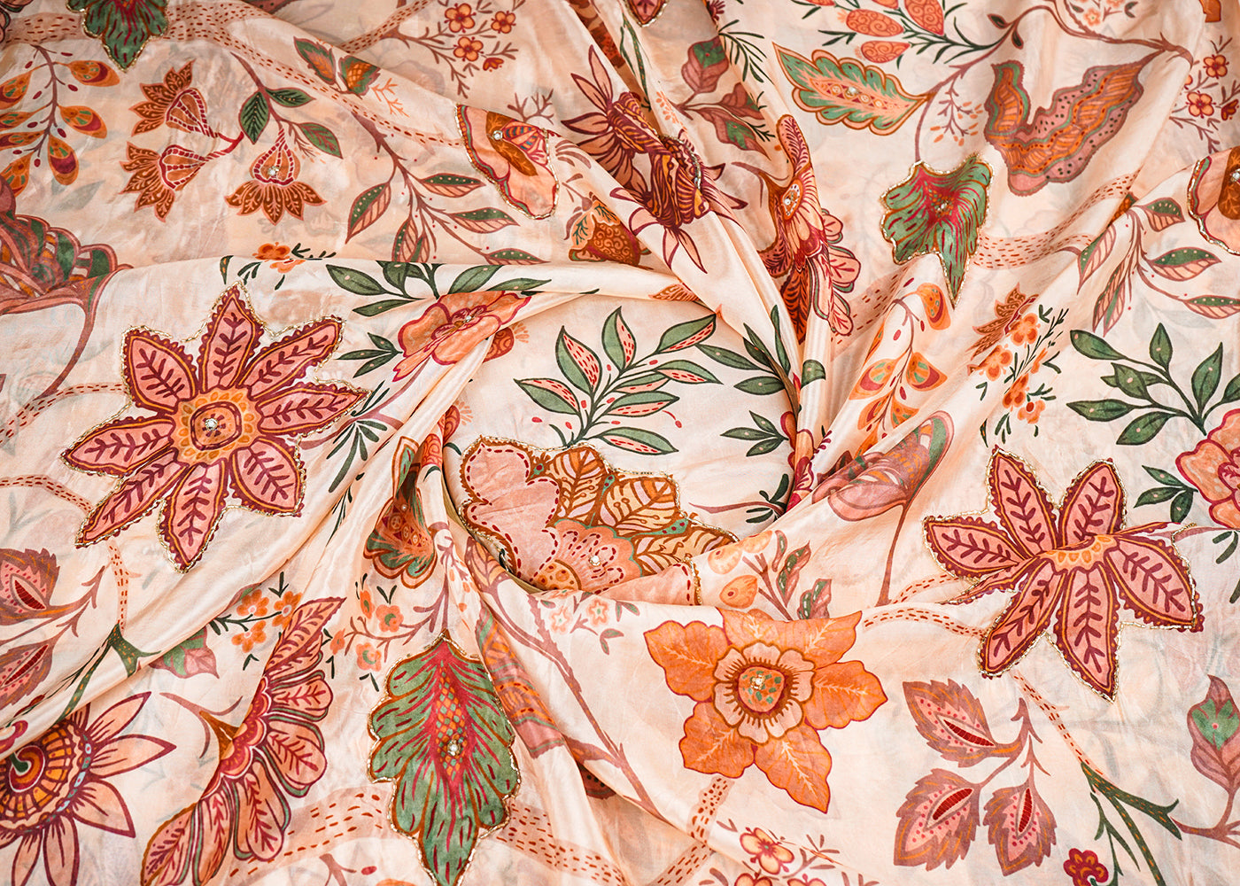 Peach Organza Fabric With All Over Floral Print, Bead And Katdana Work 22608