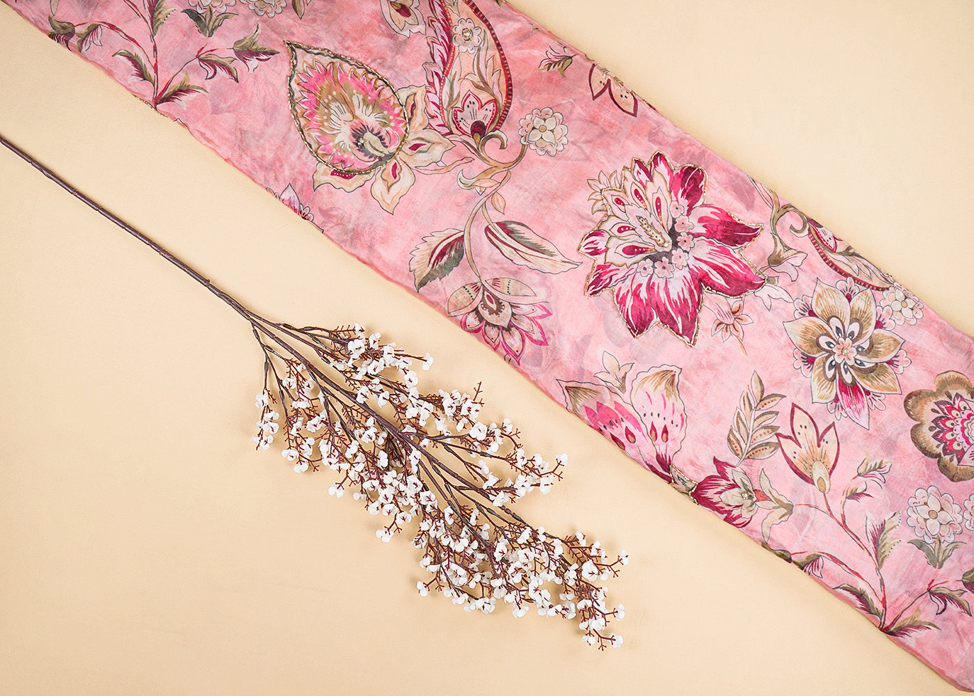 Light Pink Organza Fabric With All Over Floral Print, Bead And Katdana Work 22609