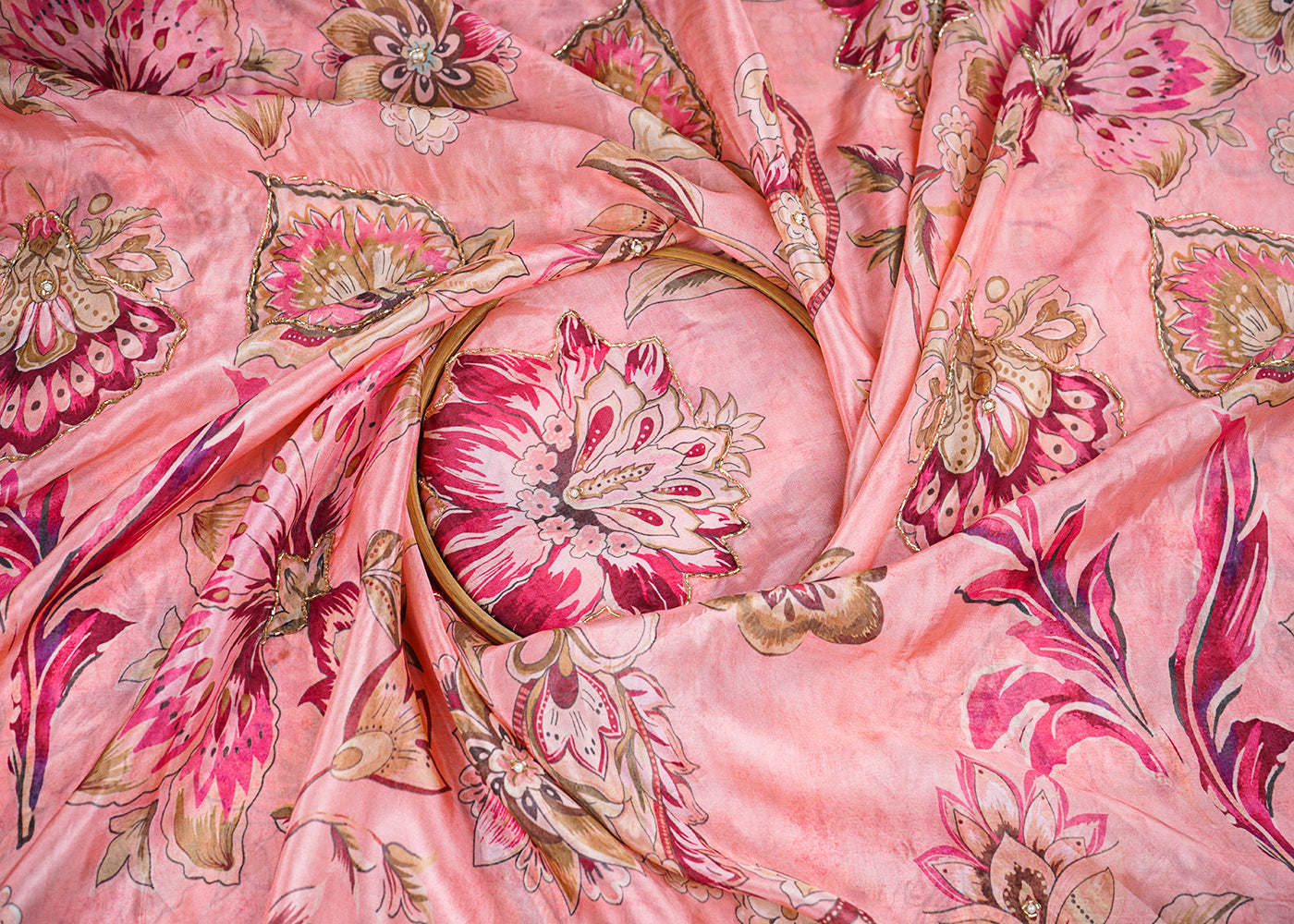 Light Pink Organza Fabric With All Over Floral Print, Bead And Katdana Work 22609