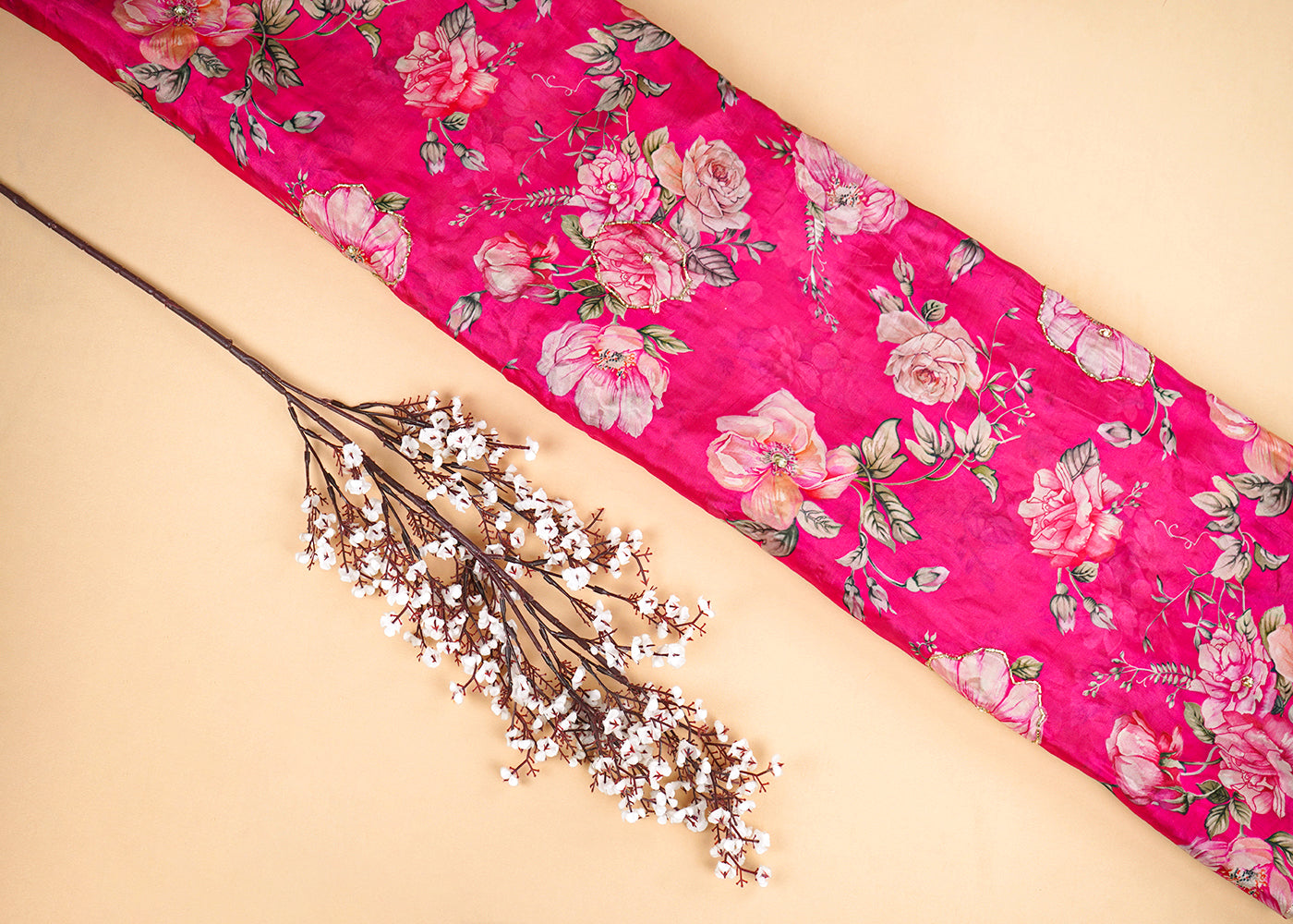 Pink Organza Fabric With All Over Floral Print, Bead And Katdana Work 22614