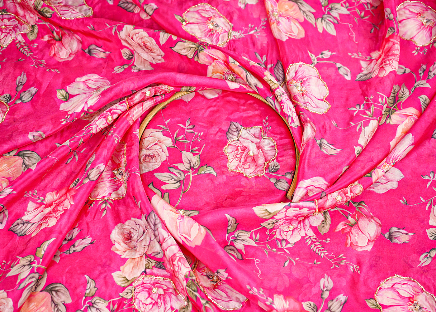 Pink Organza Fabric With All Over Floral Print, Bead And Katdana Work 22614