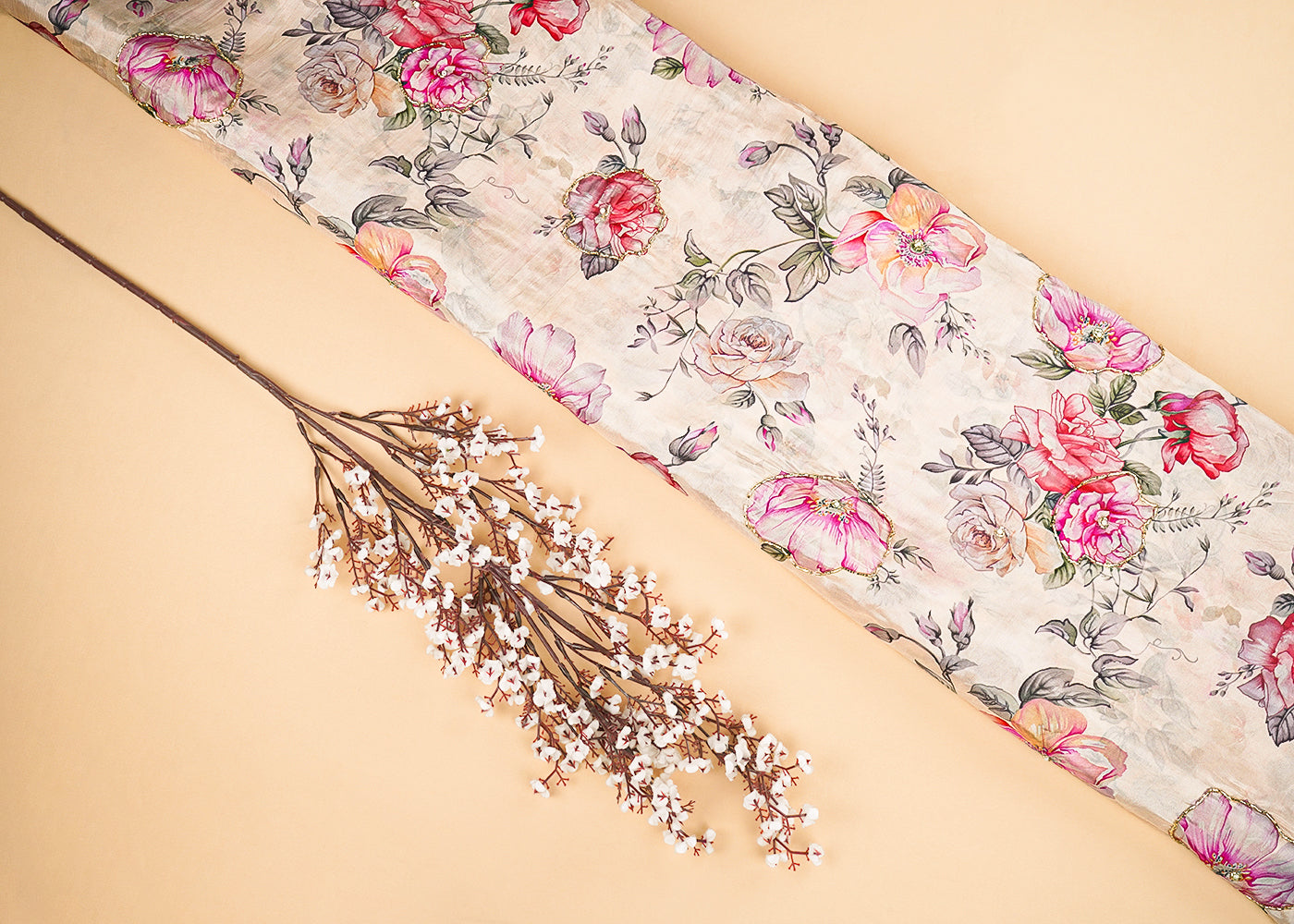 Beige Organza Fabric With All Over Floral Print, Bead And Katdana Work 22615