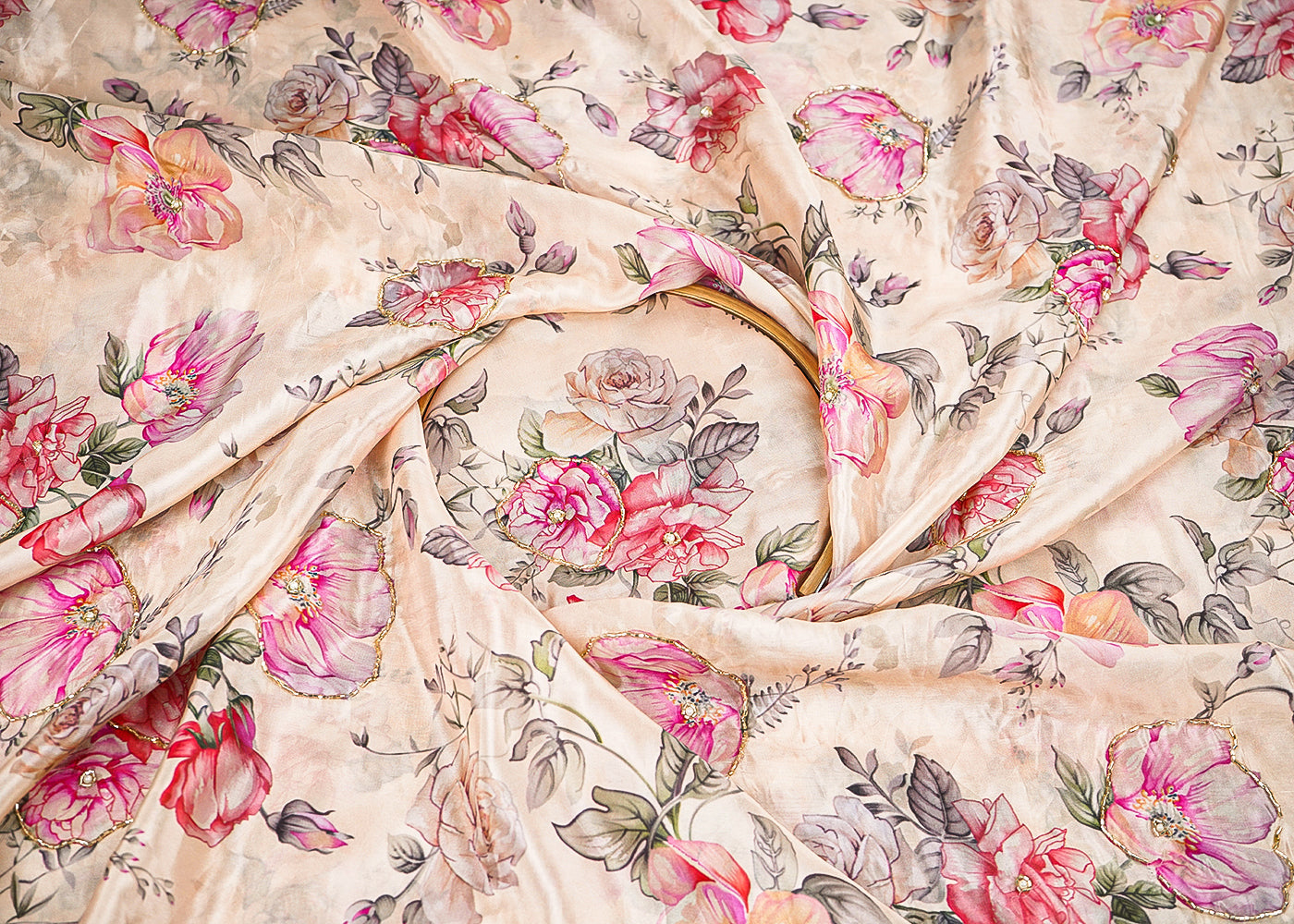 Beige Organza Fabric With All Over Floral Print, Bead And Katdana Work 22615