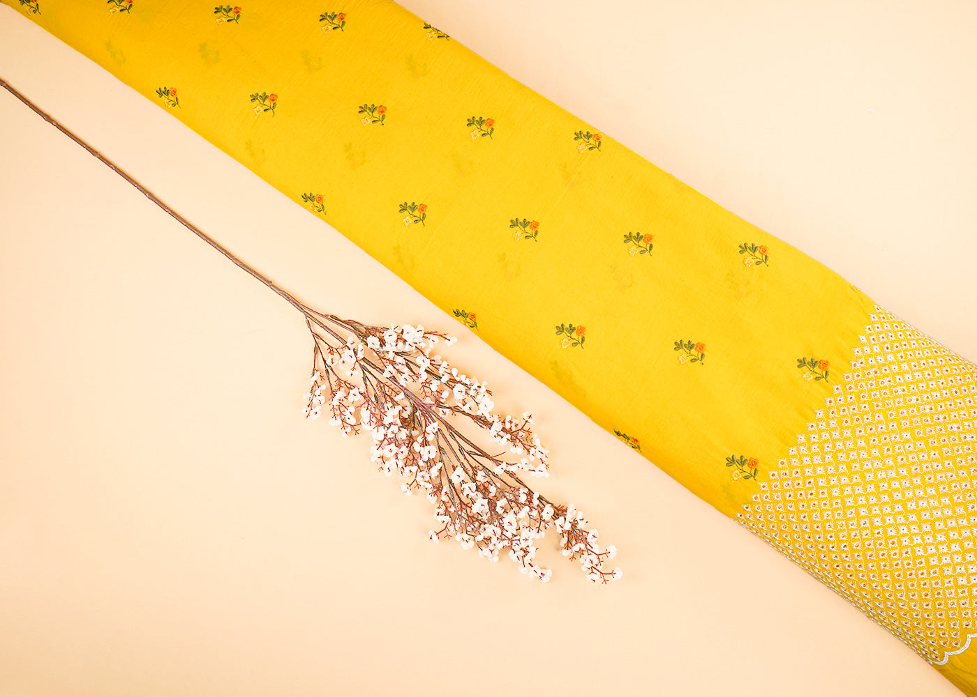 Yellow-Cotton-Fabric-With-All-Over-Floral-Buti-Thread-Work-And-Schiffli-Scalloped-Border-22624