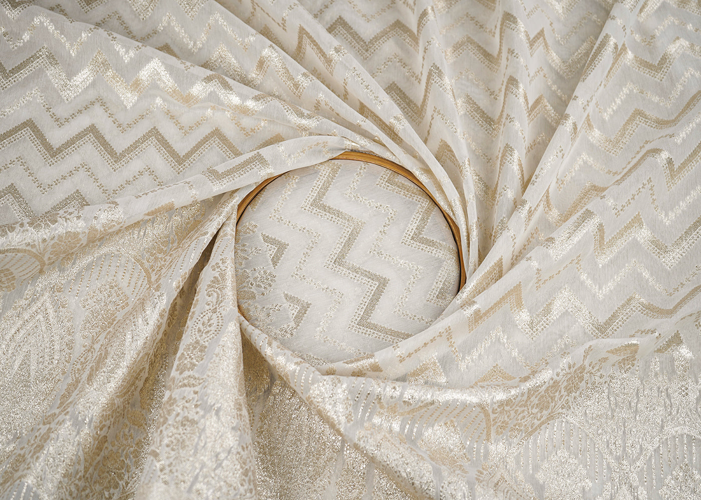 White Dyeable Chanderi Fabric With All Over Zari Handloom With One Side Border 22626