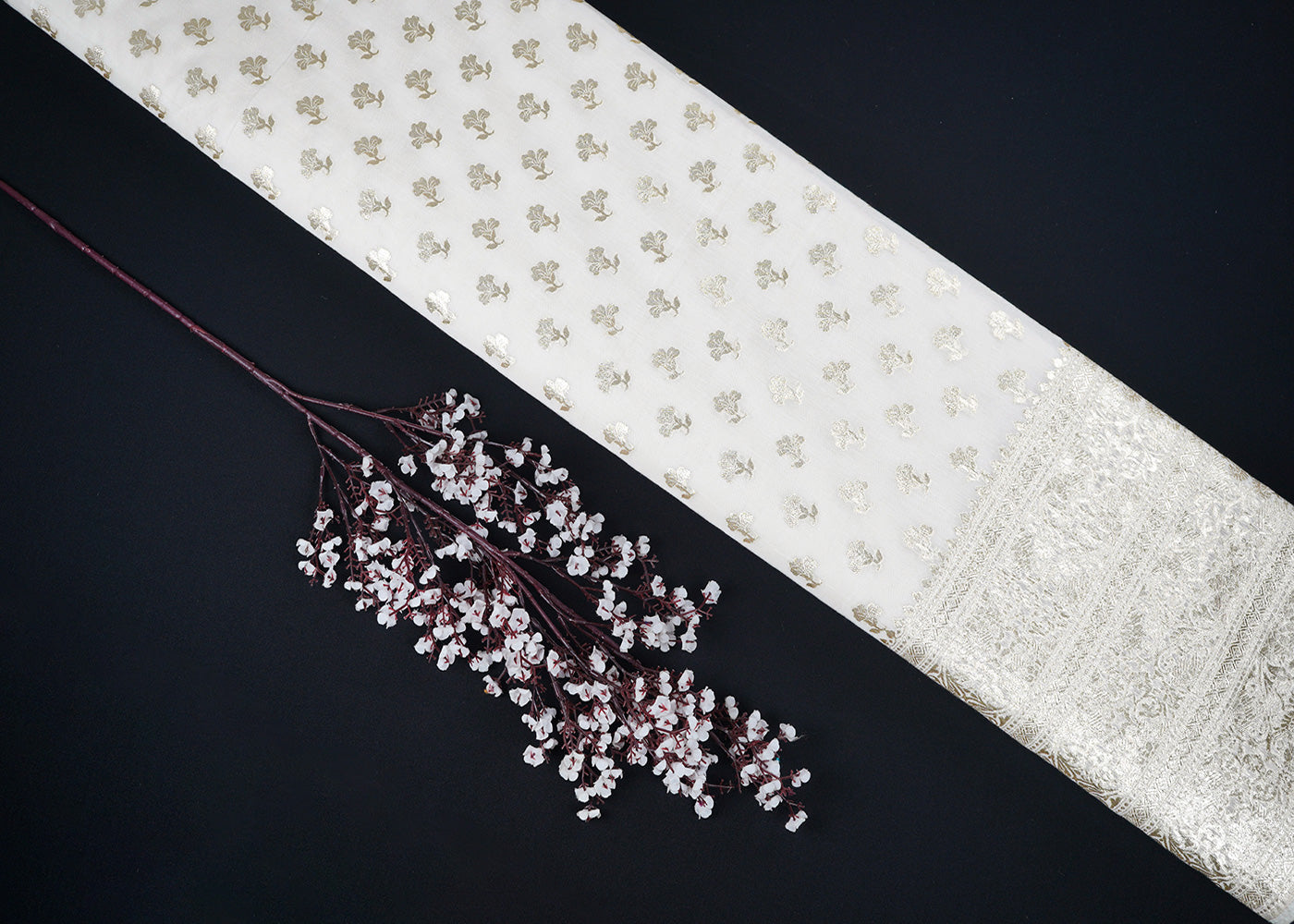 White Dyeable Chanderi Fabric With All Over Zari Handloom With One Side Border 22627