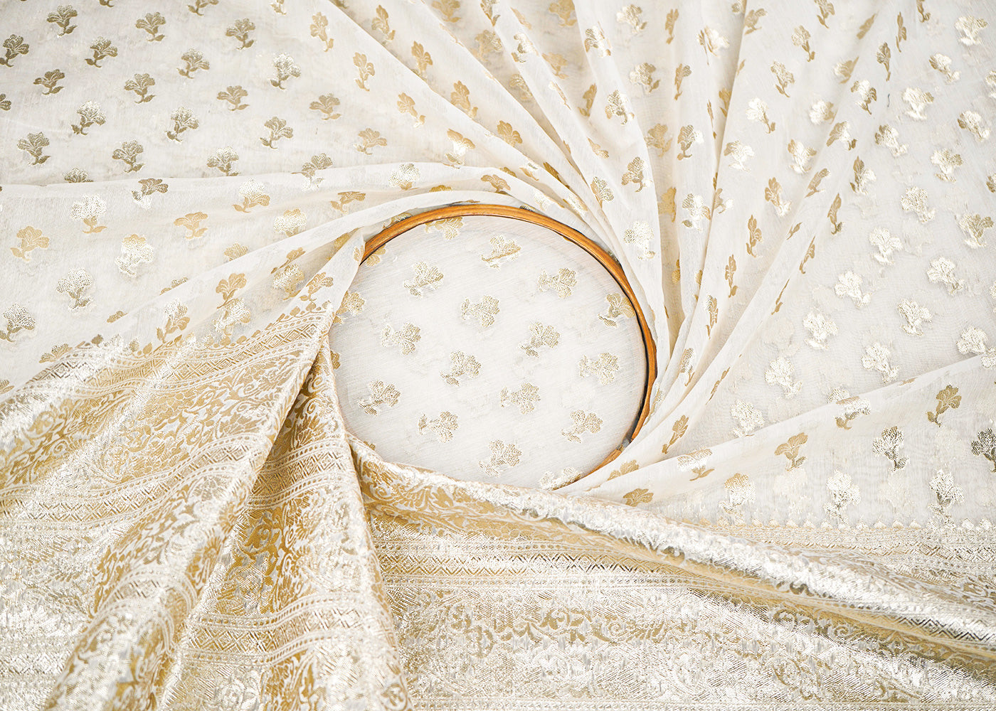 White Dyeable Chanderi Fabric With All Over Zari Handloom With One Side Border 22627