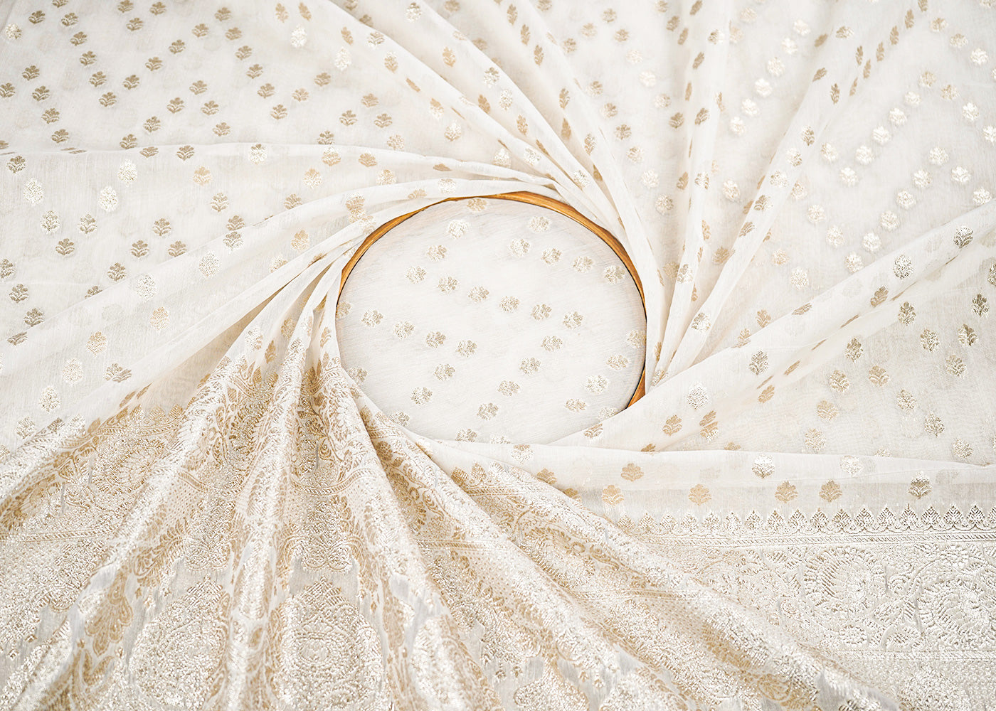 White Dyeable Chanderi Fabric With All Over Zari Handloom With One Side Border 22628