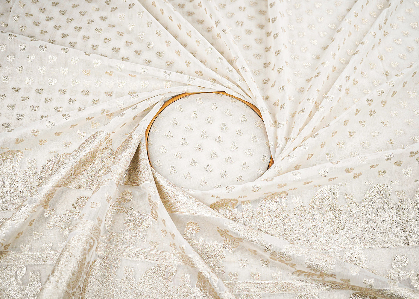 White Dyeable Chanderi Fabric With All Over Zari Handloom With One Side Border 22629