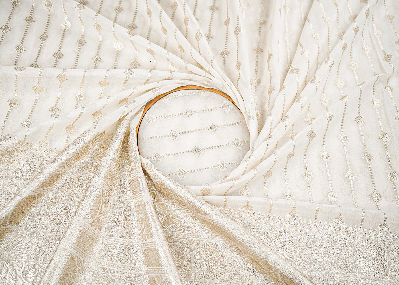 White Dyeable Chanderi Fabric With All Over Zari Handloom With One Side Border 22631