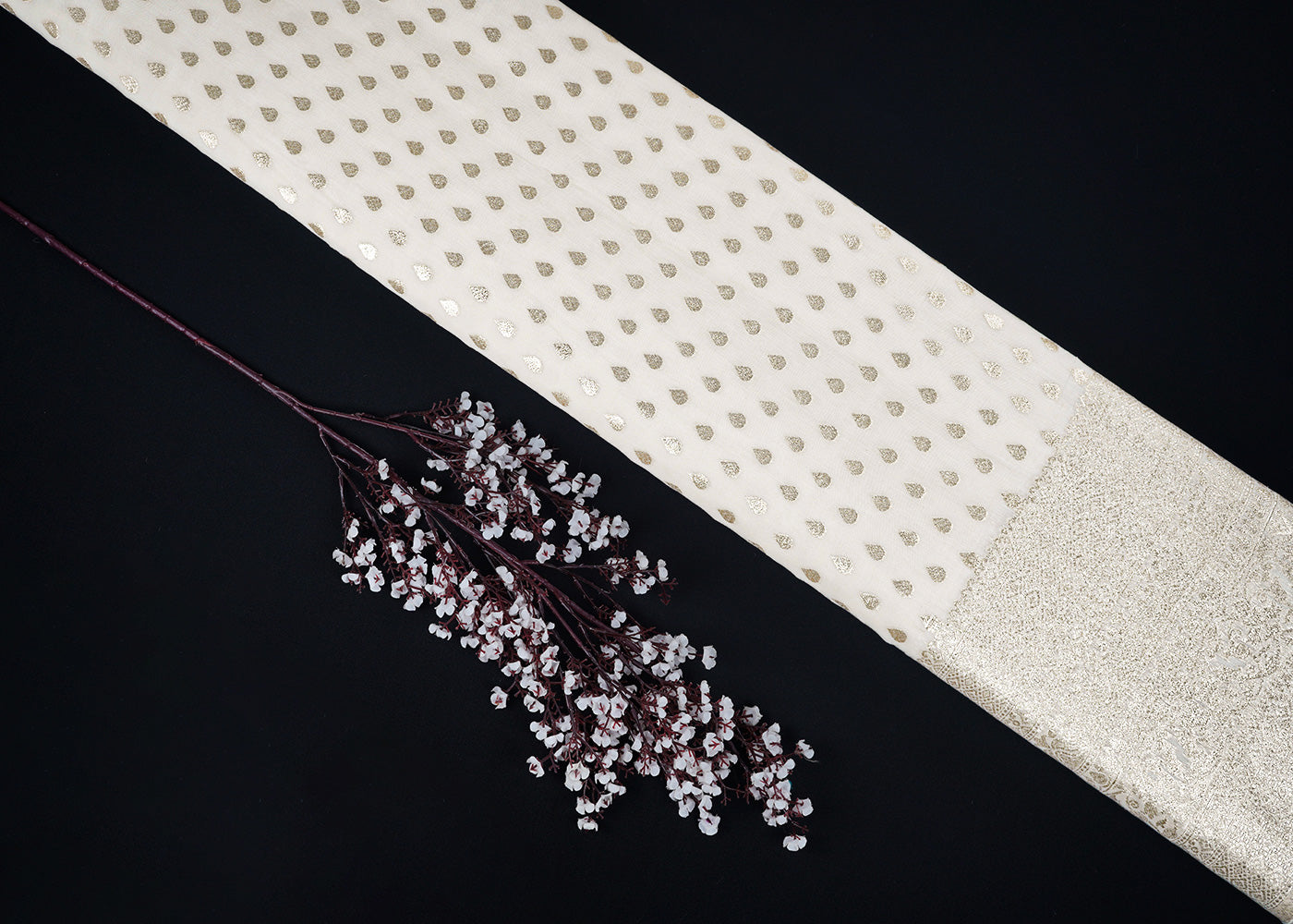 White Dyeable Chanderi Fabric With All Over Zari Handloom With One Side Border 22632