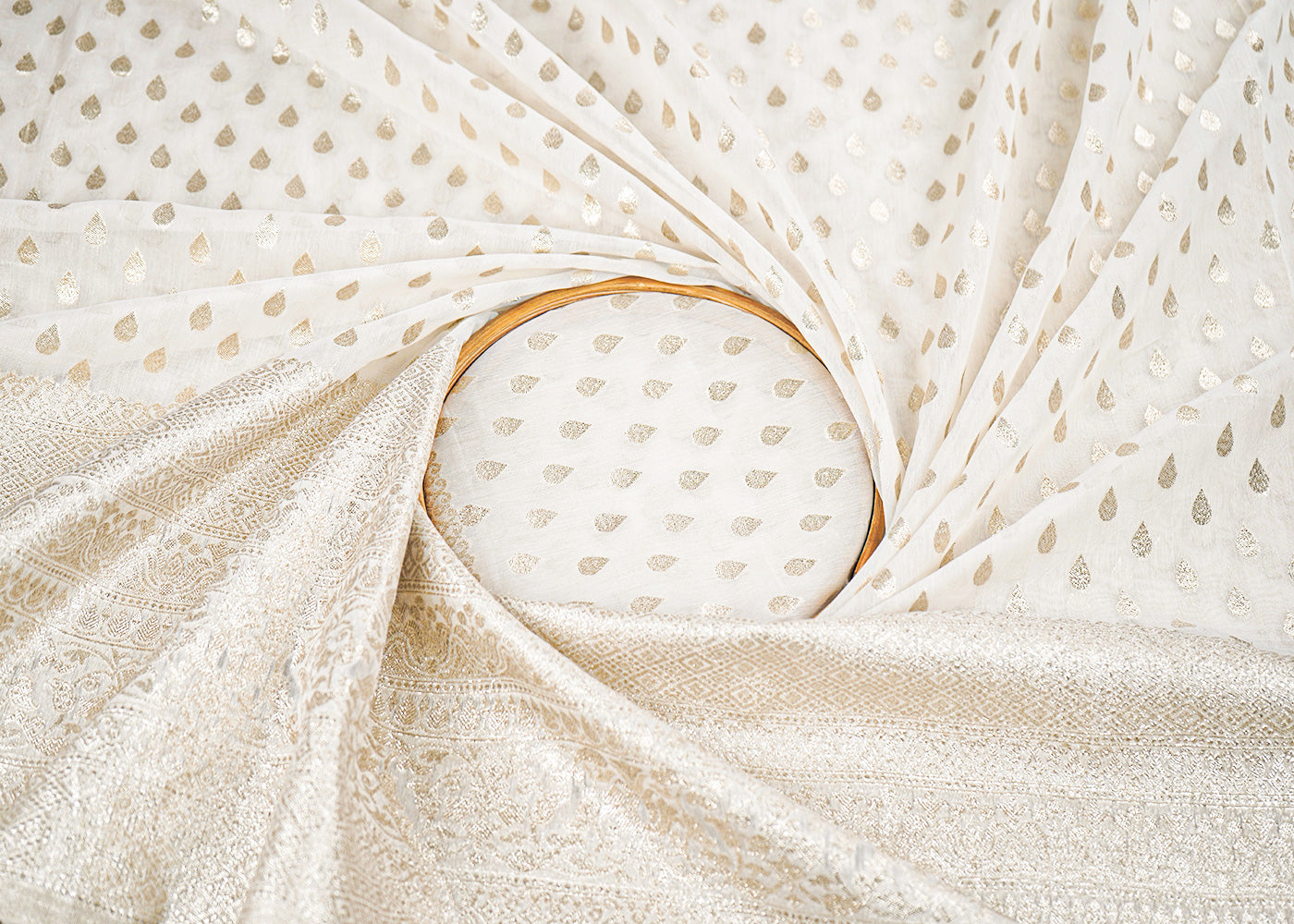 White Dyeable Chanderi Fabric With All Over Zari Handloom With One Side Border 22632