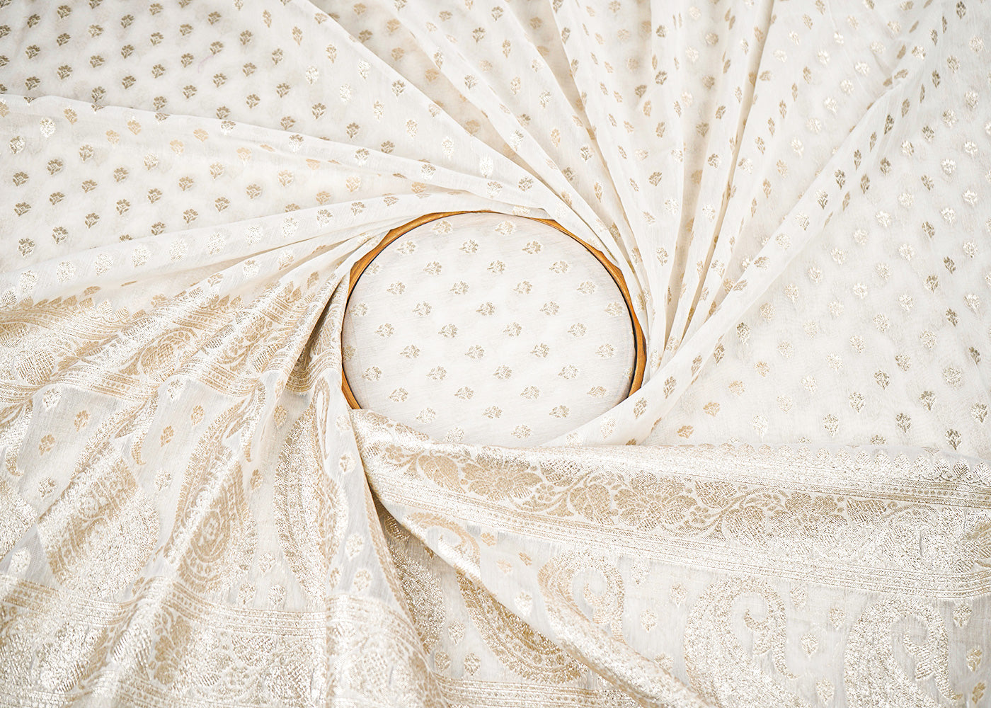 White Dyeable Chanderi Fabric With All Over Zari Handloom With One Side Border 22633