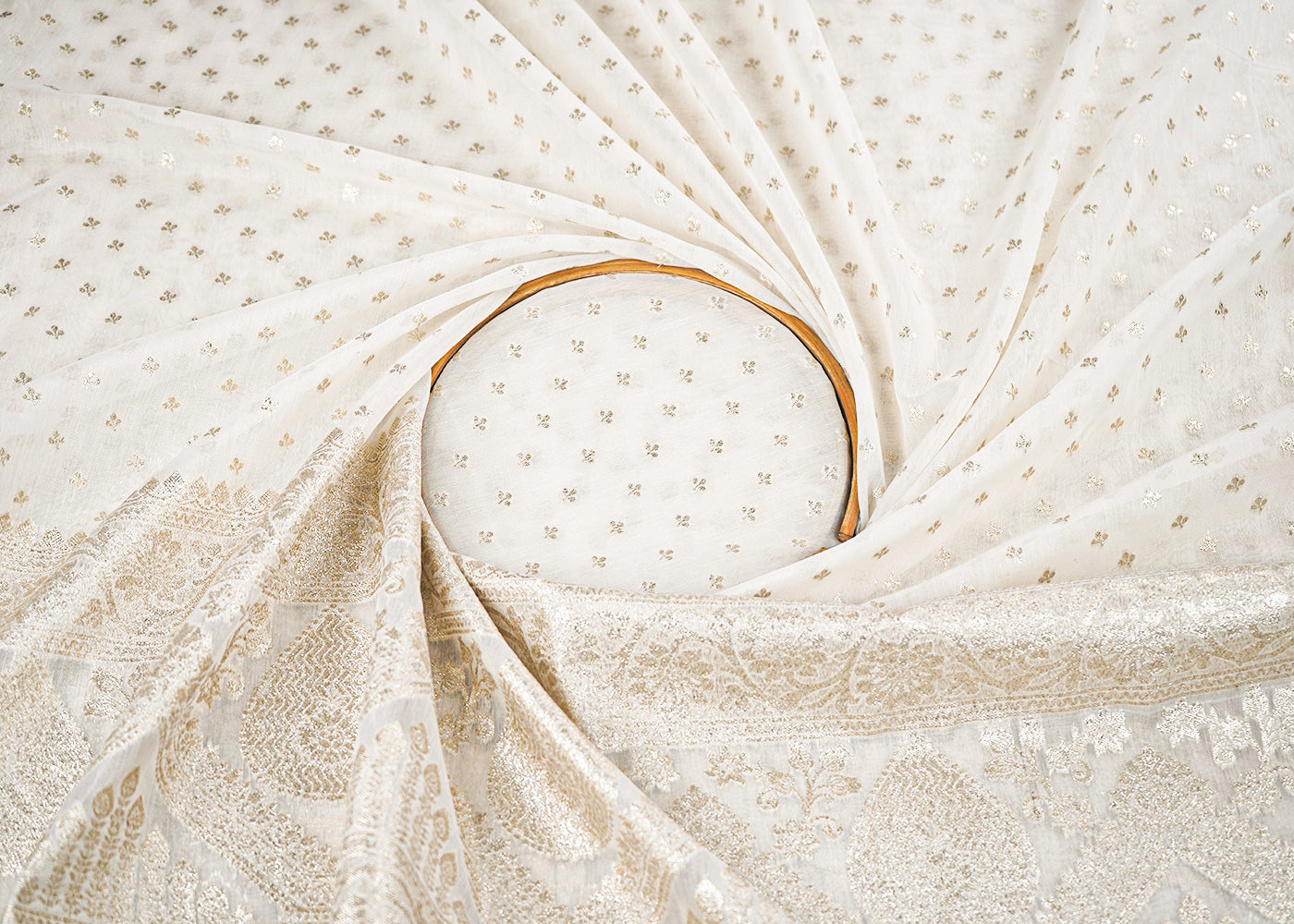 White Dyeable Chanderi Fabric With All Over Zari Handloom With One Side Border 22634