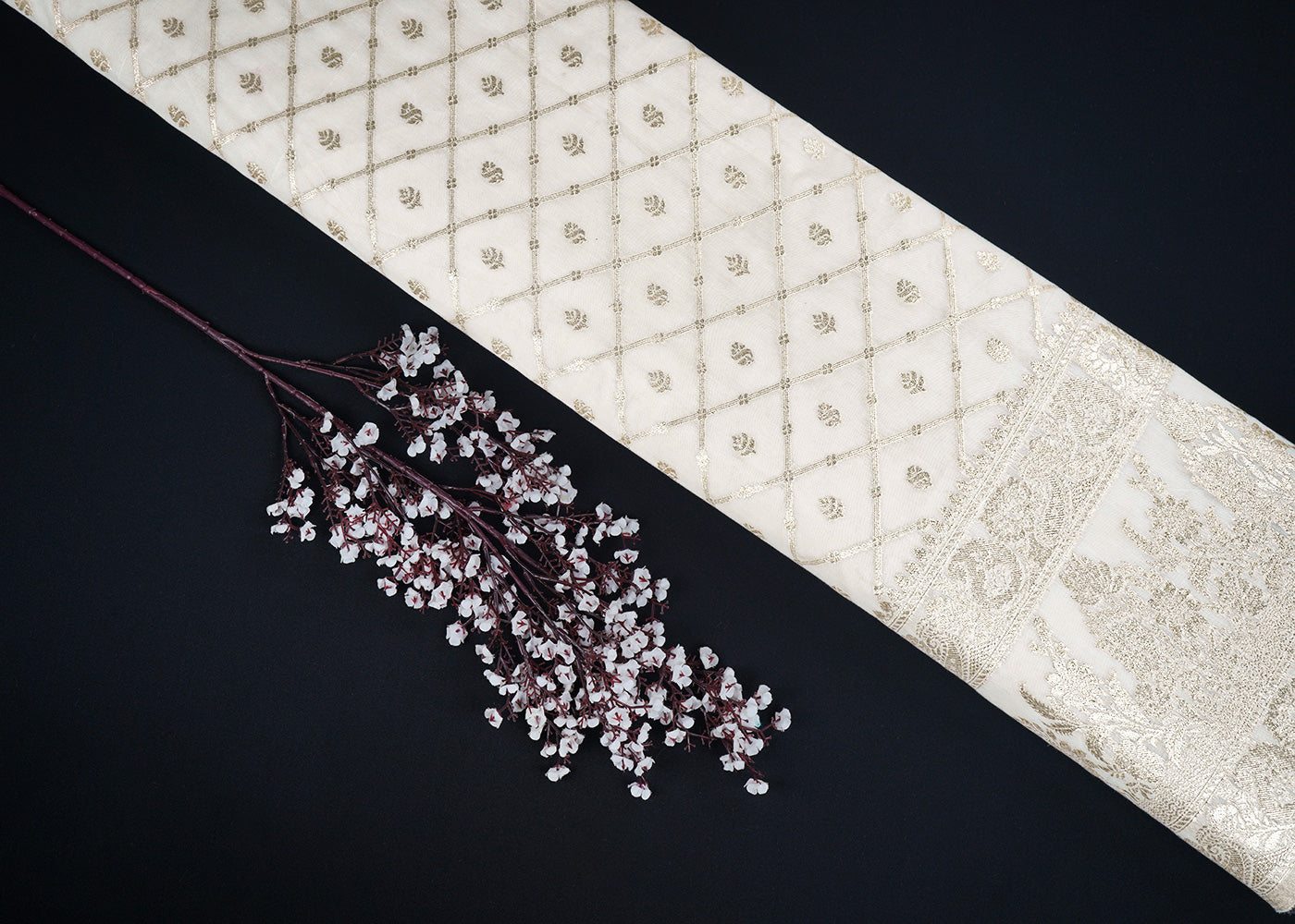 White Dyeable Chanderi Fabric With All Over Zari Handloom With One Side Border 22635