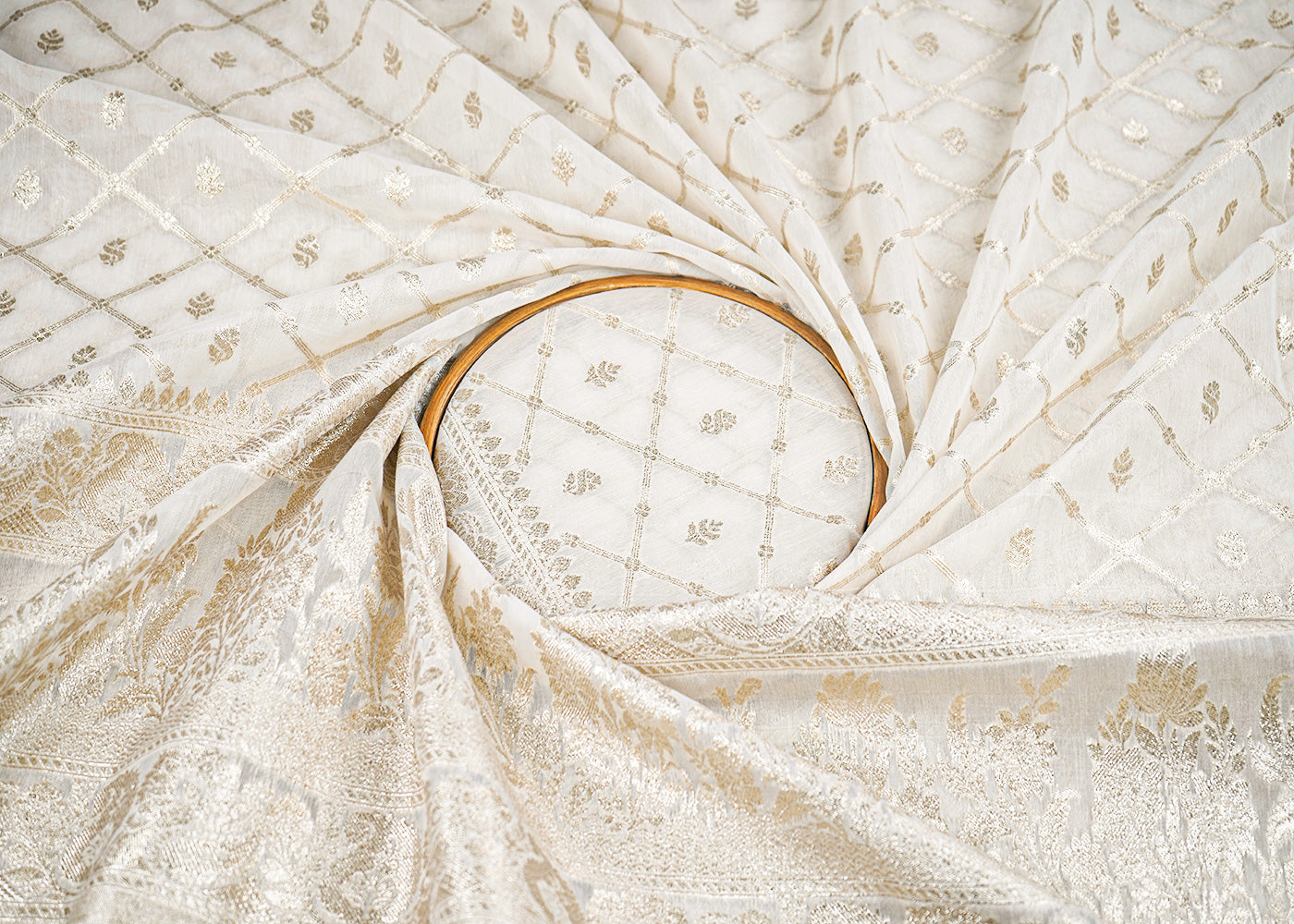 White Dyeable Chanderi Fabric With All Over Zari Handloom With One Side Border 22635