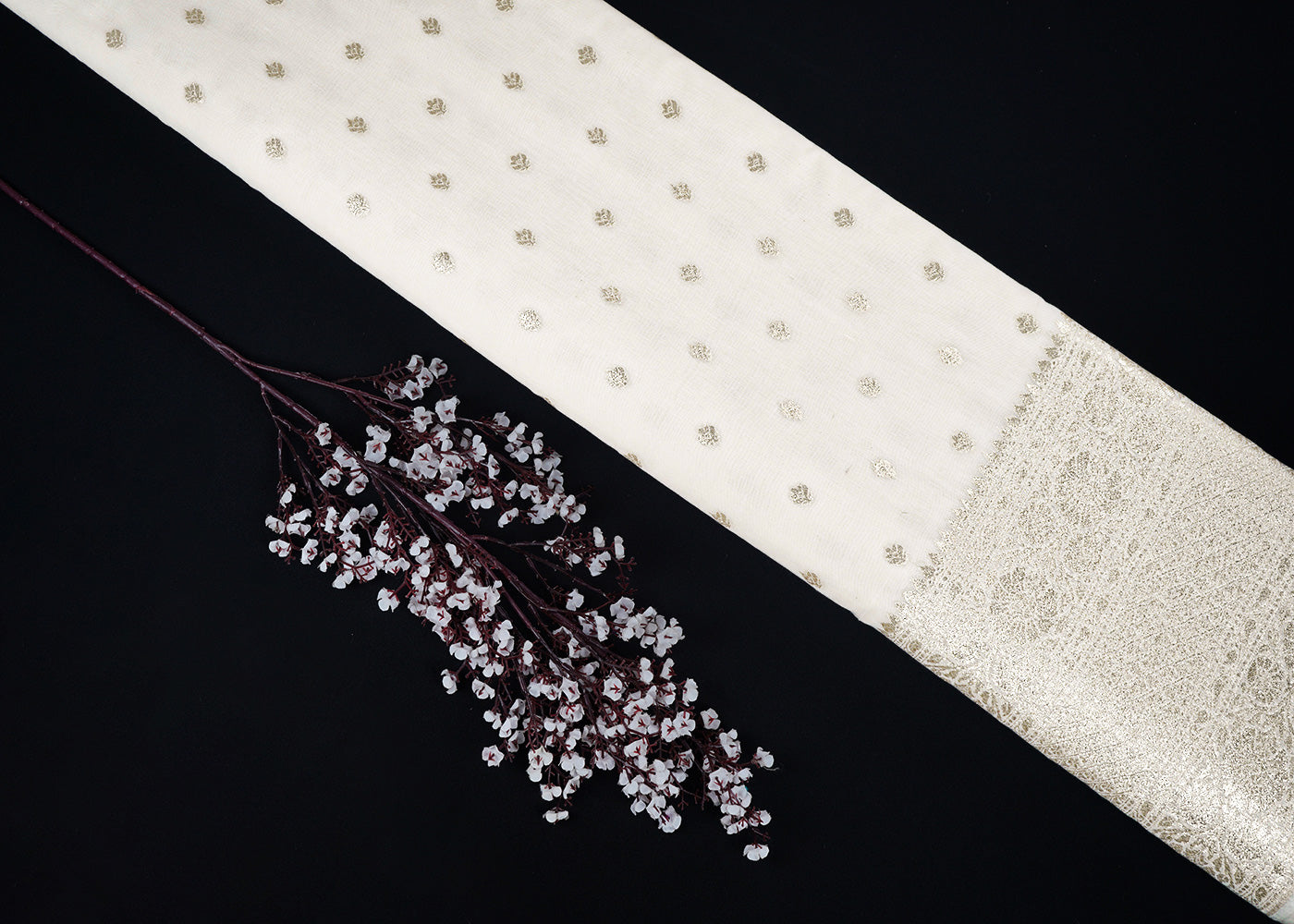 White Dyeable Chanderi Fabric With All Over Zari Handloom With One Side Border 22636