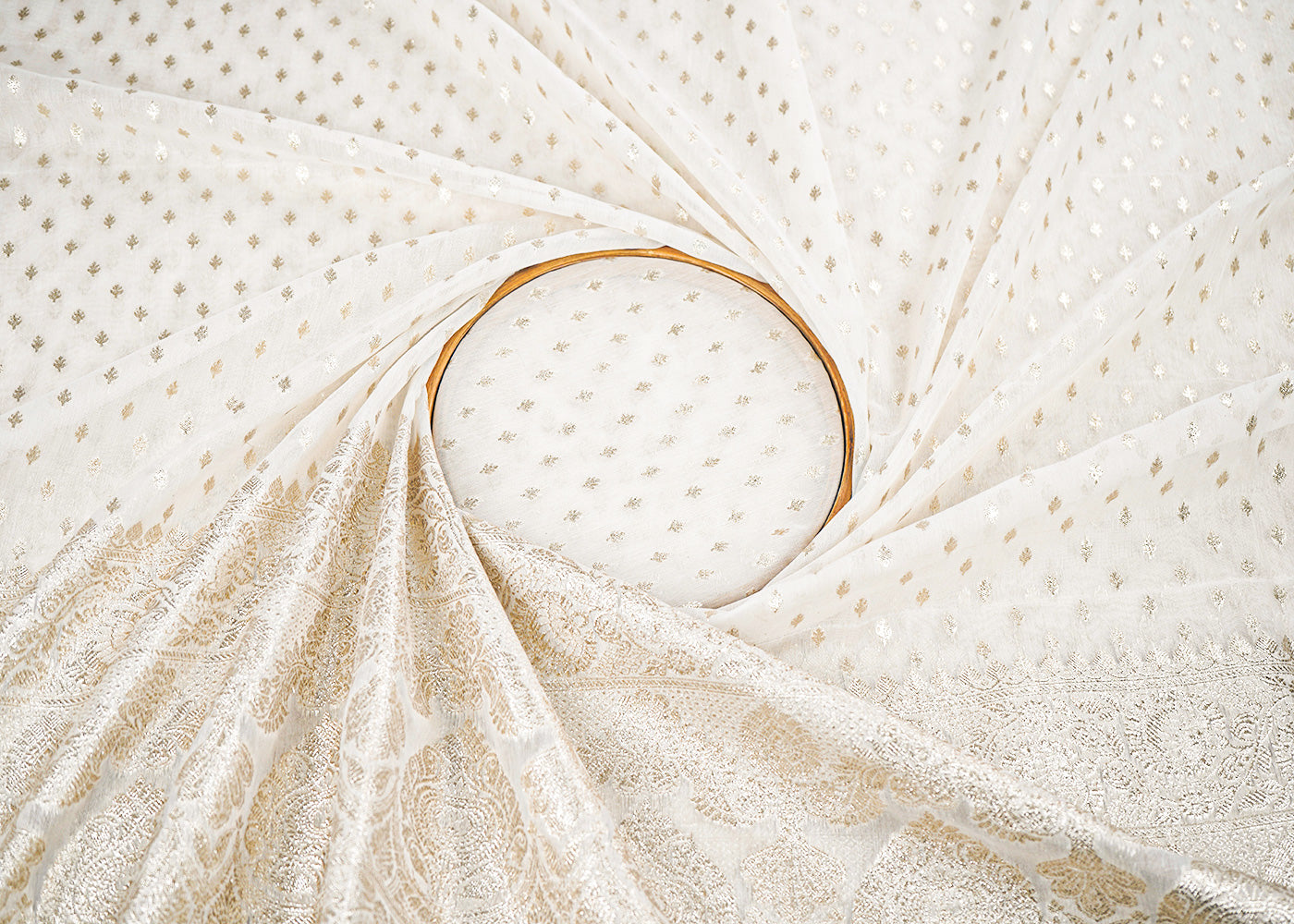 White Dyeable Chanderi Fabric With All Over Zari Handloom With One Side Border 22637