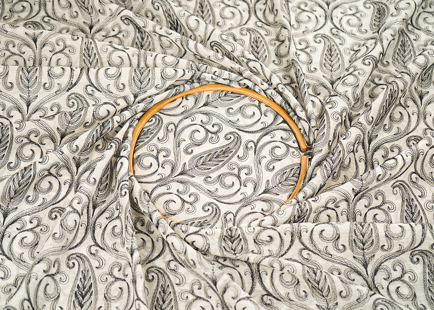 White Dyeable Chanderi Fabric With All Over Black Paisley Vein Thread Work 22639