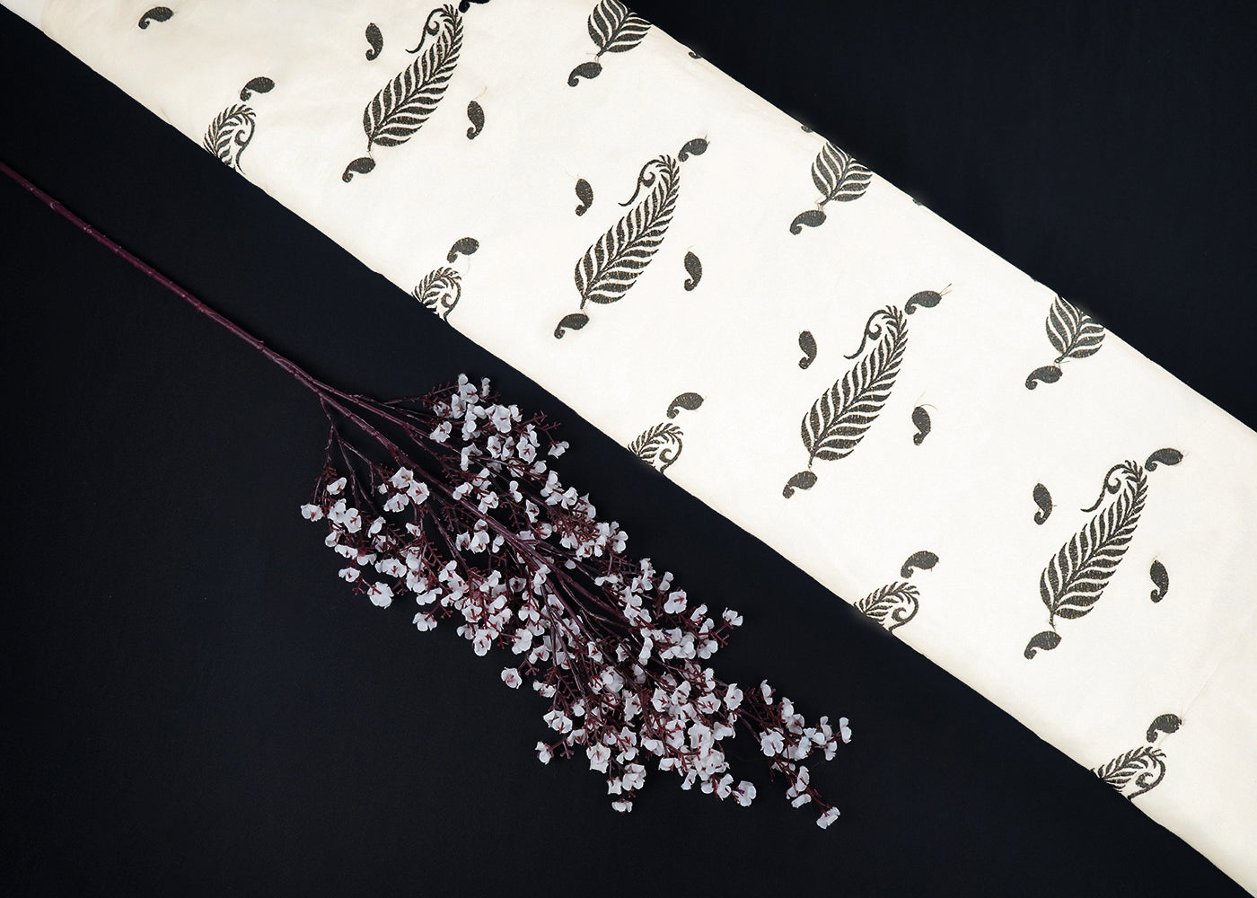 White Dyeable Chanderi Fabric With All Over Paisley Black Thread Work 22640