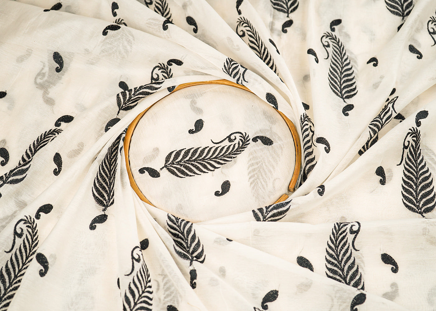 White Dyeable Chanderi Fabric With All Over Paisley Black Thread Work 22640