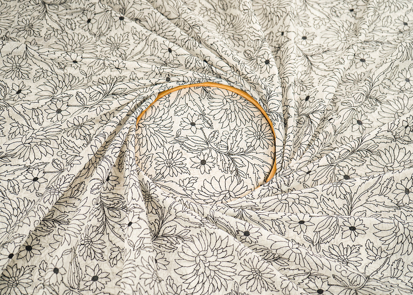 White Dyeable Chanderi Fabric With All Over Floral Black Thread Work 22641