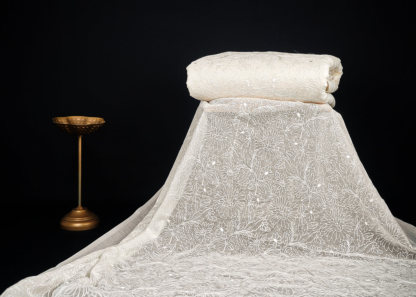 White Dyeable Chanderi Fabric With All Over Floral Thread Work 22642