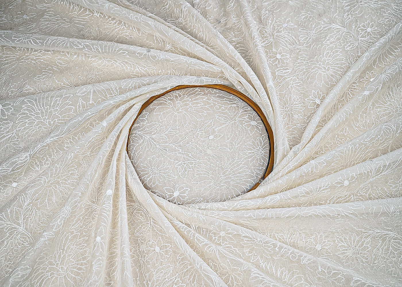 White Dyeable Mul Chanderi Fabric With All Over Floral Thread Work 22642