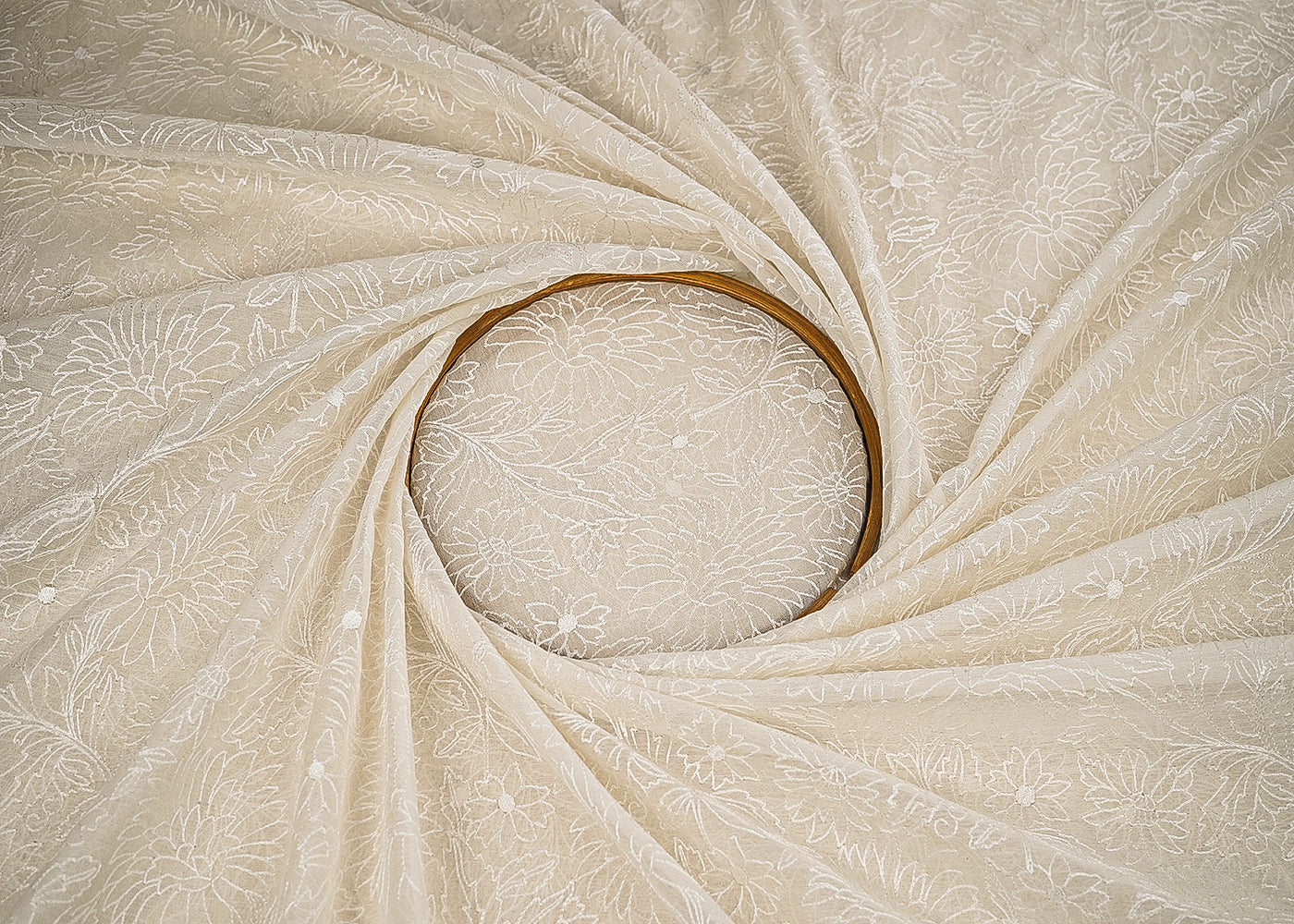 White Dyeable Chanderi Fabric With All Over Floral Thread Work 22642