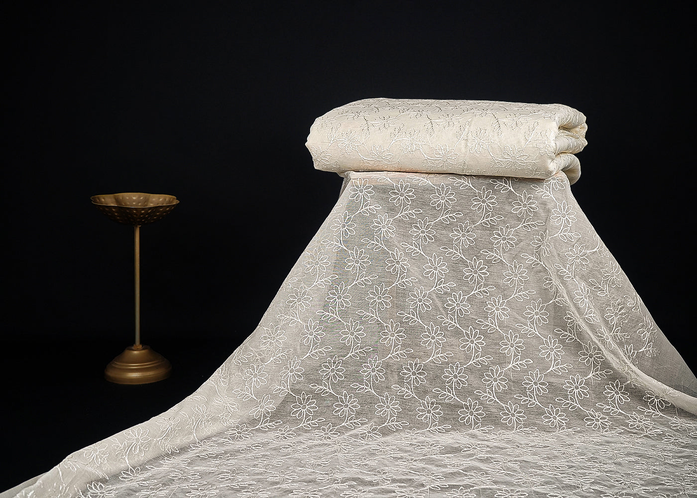 White Dyeable Chanderi Fabric With All Over Floral Thread Work 22643