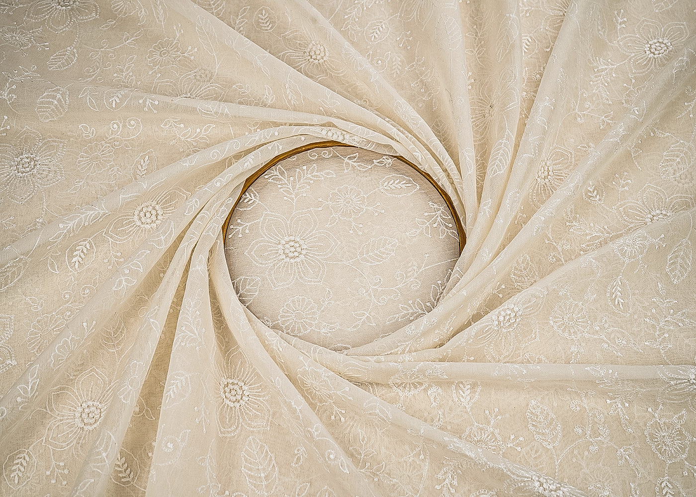 White Dyeable Chanderi Fabric With All Over Floral Thread Work 22644