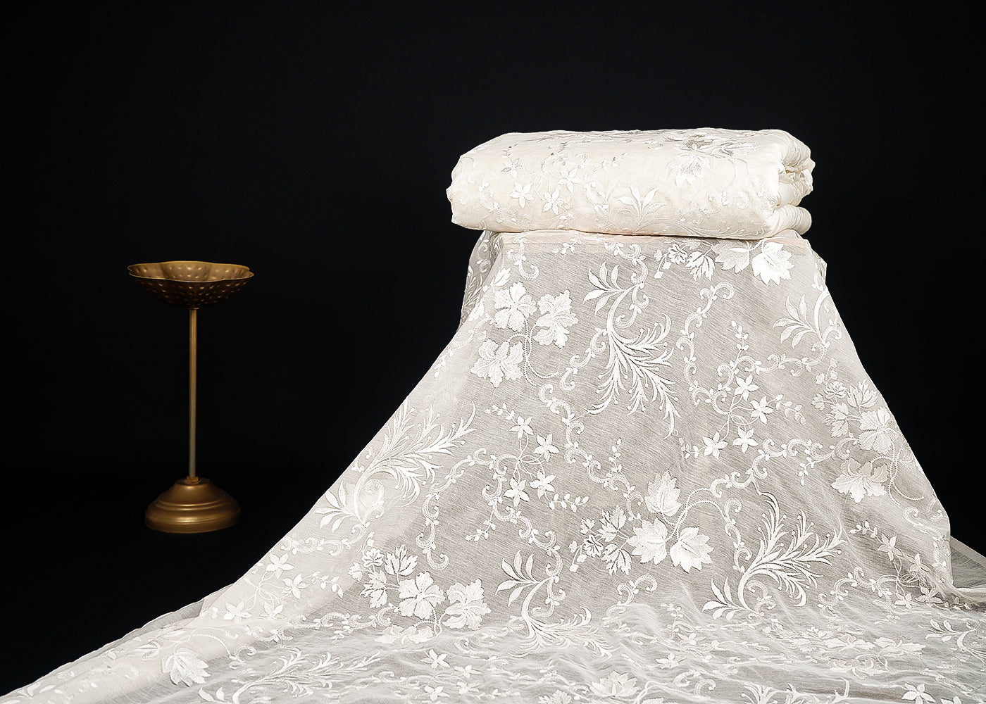 White Dyeable Chanderi Fabric With All Over Floral Thread Work 22645