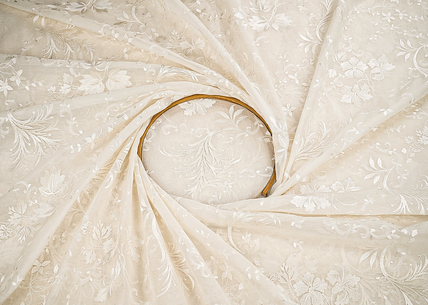 White Dyeable Chanderi Fabric With All Over Floral Thread Work 22645