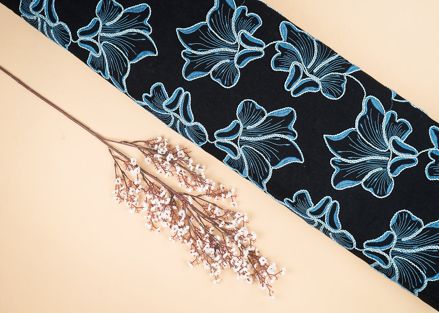 Black Flex Cotton Fabric With All Over Blue Thread And Dori Work 22650