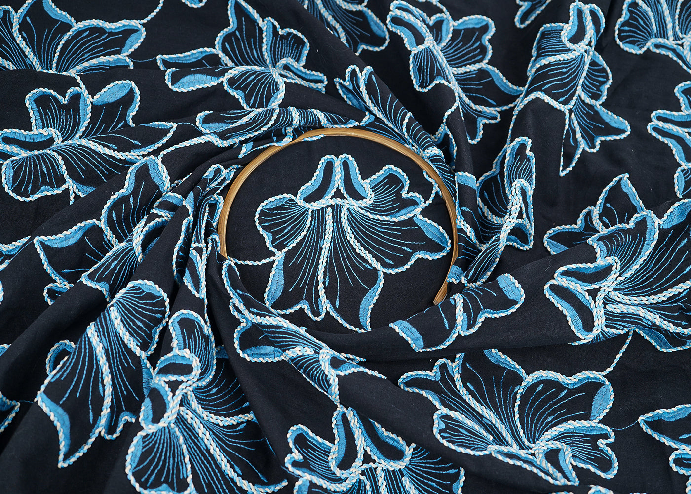 Black Flex Cotton Fabric With All Over Blue Thread And Dori Work 22650