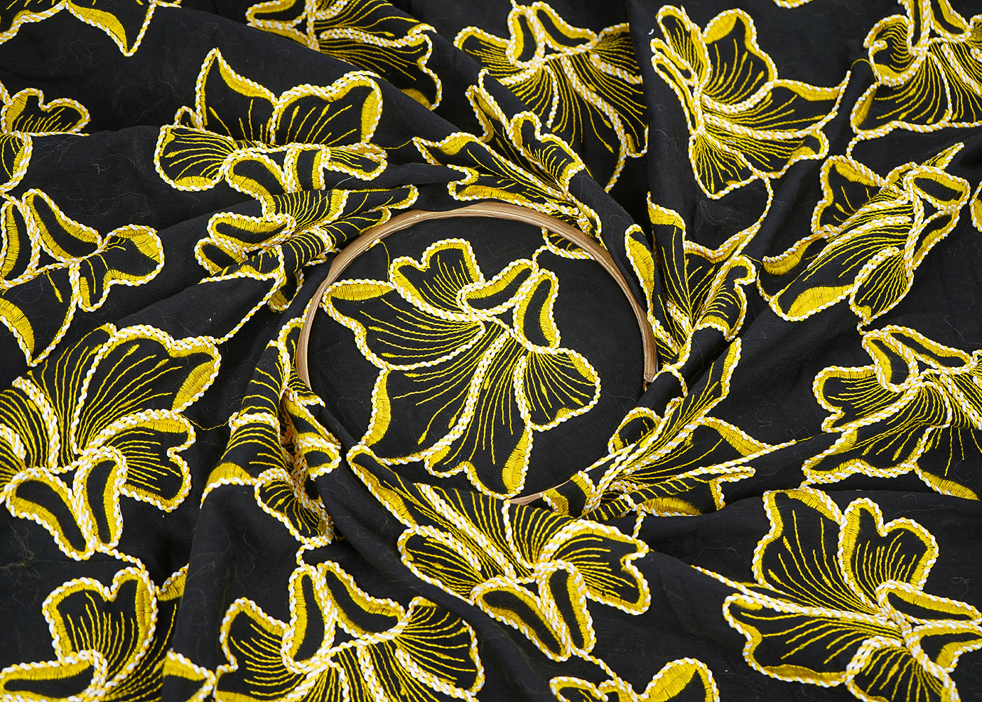 Black Flex Cotton Fabric With All Over Yellow Thread And Dori Work 22651