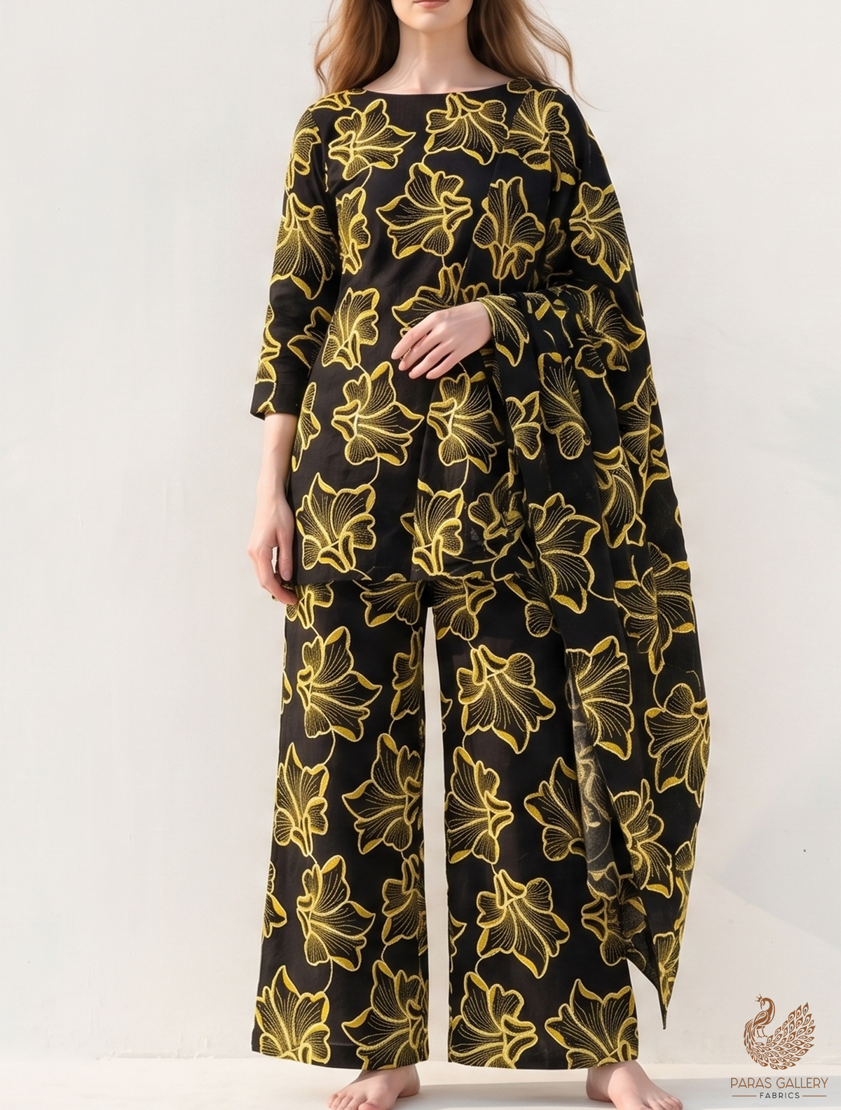 Black Flex Cotton Fabric With All Over Yellow Thread And Dori Work 22651