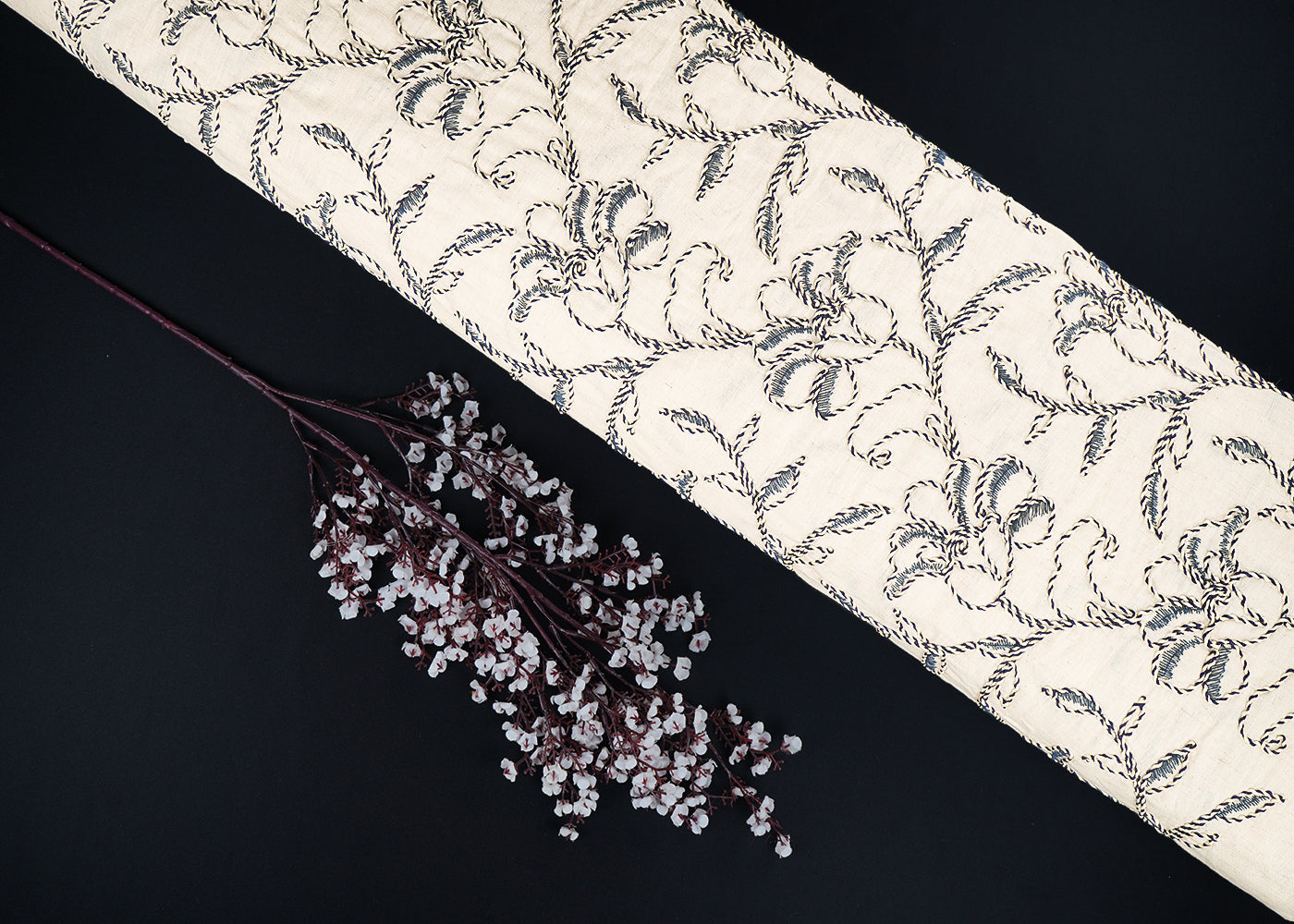 White Flex Cotton Fabric With All Over Floral Thread And Dori Work 22653