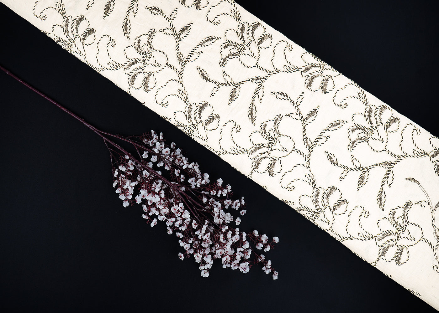 White Flex Cotton Fabric With All Over Floral Thread And Dori Work 22654