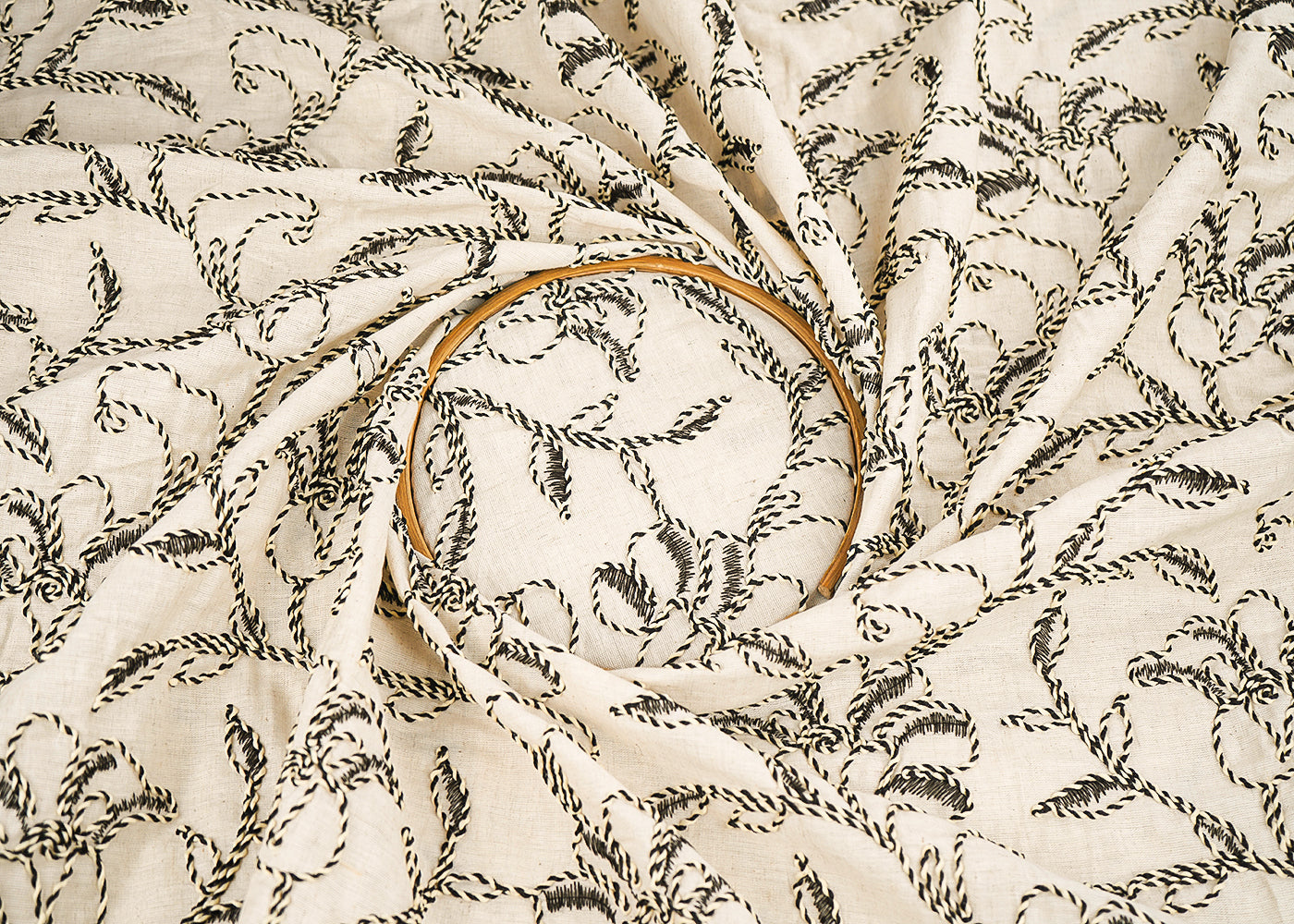 White Flex Cotton Fabric With All Over Floral Thread And Dori Work 22654