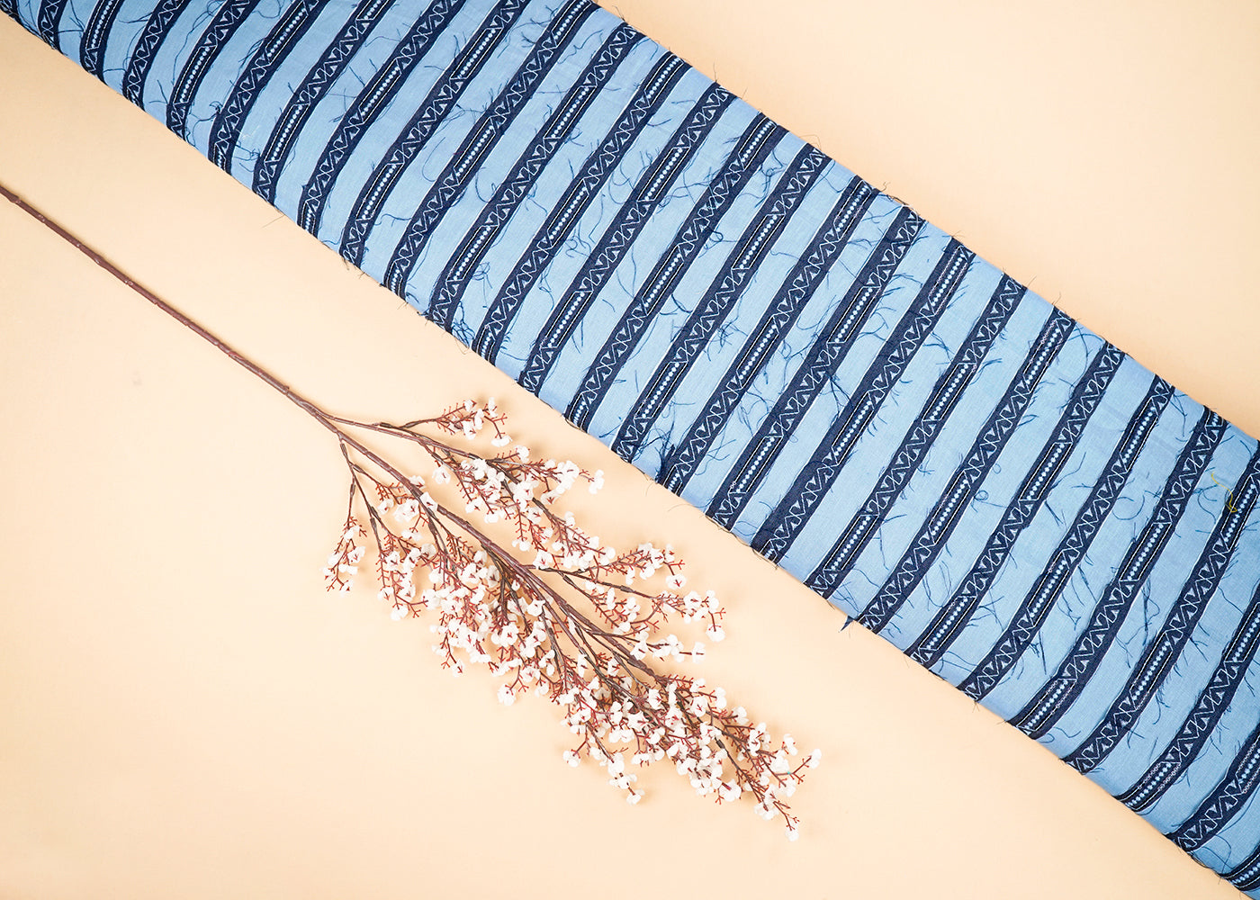 Blue Denim Fabric With All Over Stripes of Thread And Sequins Work 22655