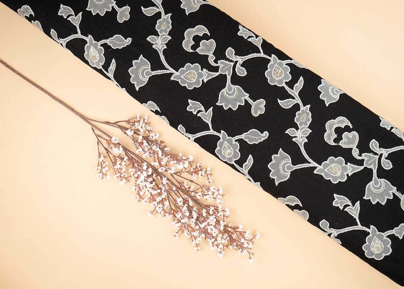 Black Khadi Cotton Fabric With All Over Sequins, Thread And Patch Work 22657