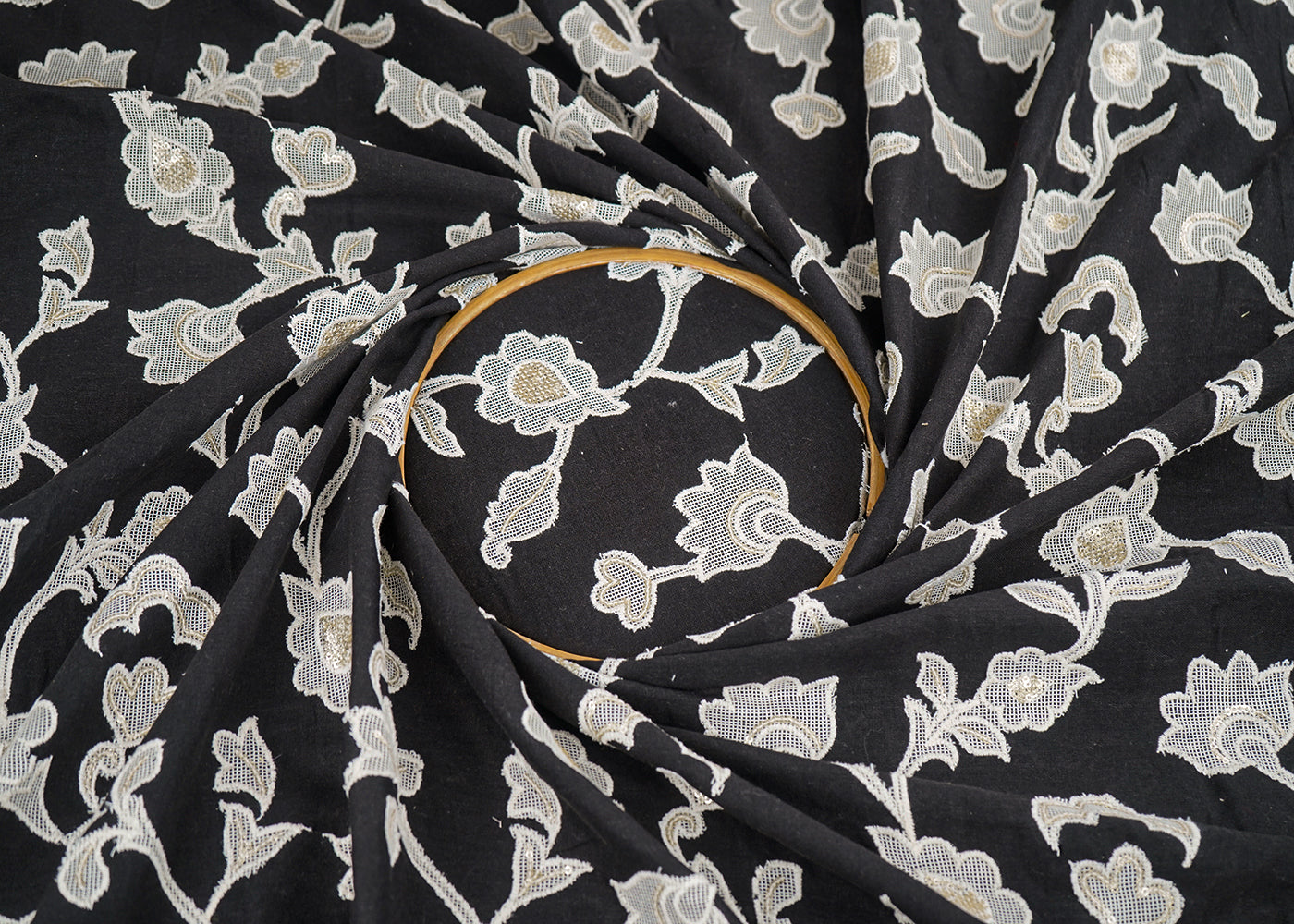 Black Khadi Cotton Fabric With All Over Sequins, Thread And Patch Work 22657