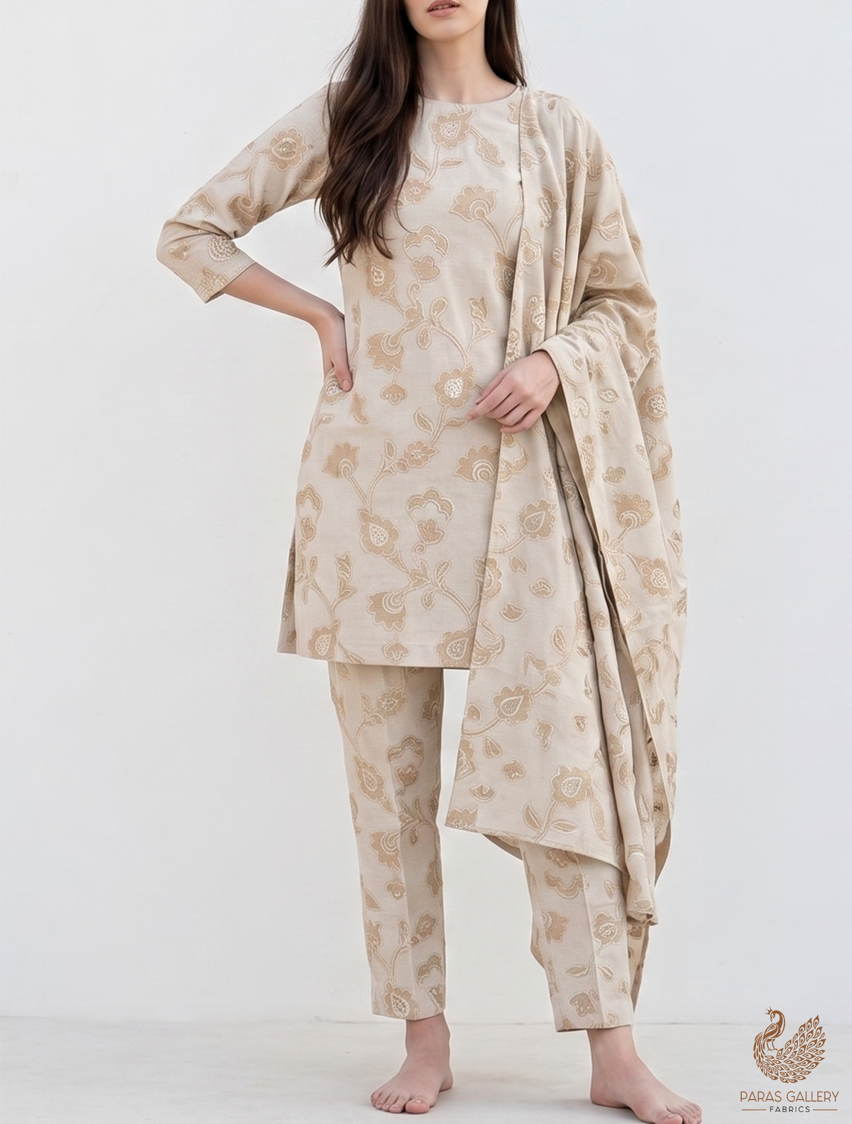 Ivory Dyeable Khadi Cotton Fabric With All Over Sequins, Thread And Patch Work 22658