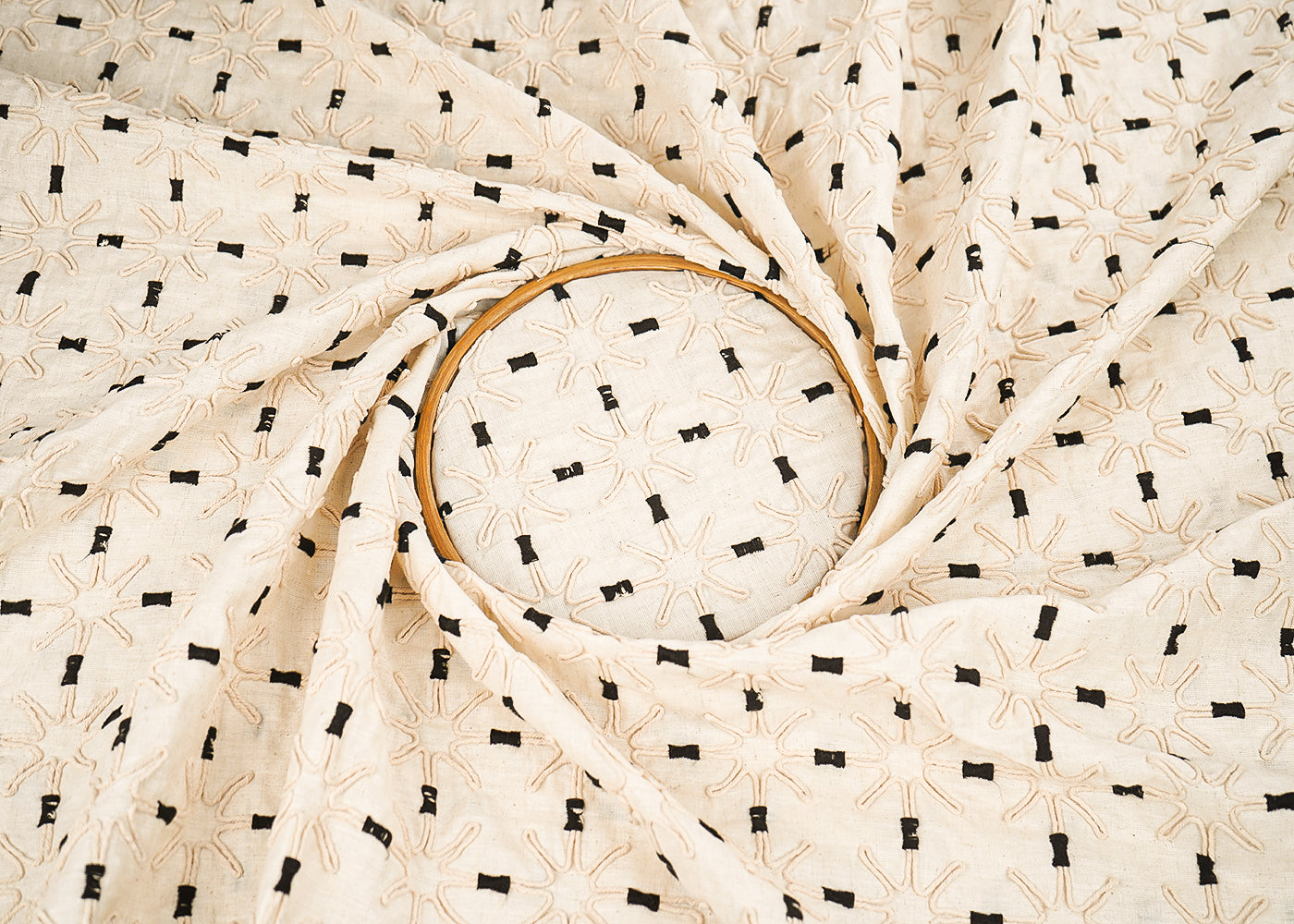 White Flex Cotton Fabric With All Over Thread And Dori Work 22659