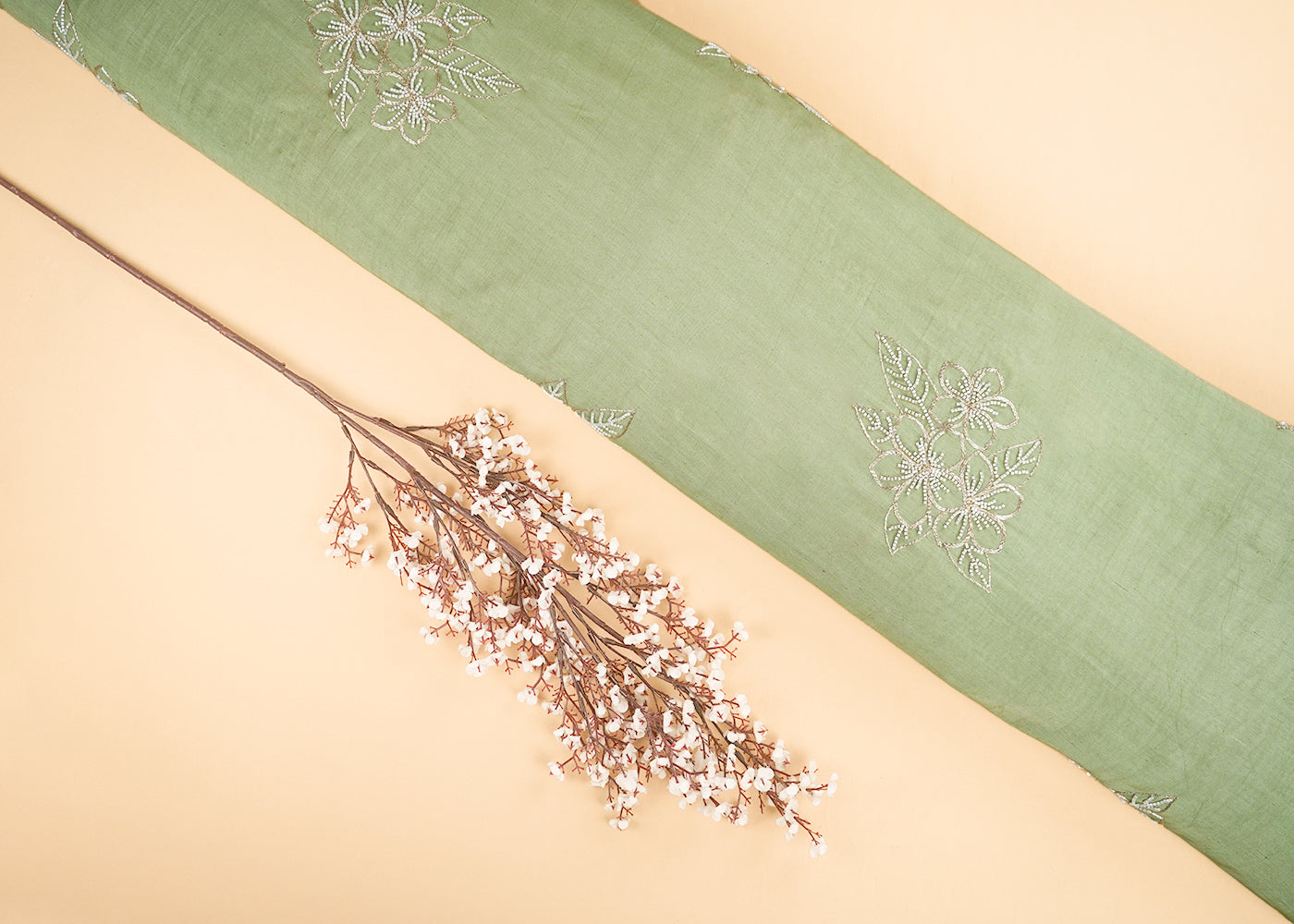 Mint Green Cotton Linen Fabric With All Over Floral Zari And Katdana Work 22668