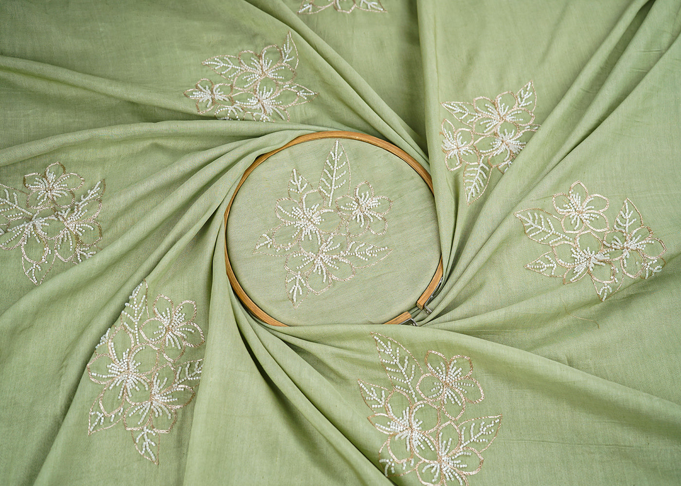 Mint Green Cotton Linen Fabric With All Over Floral Zari And Katdana Work 22668